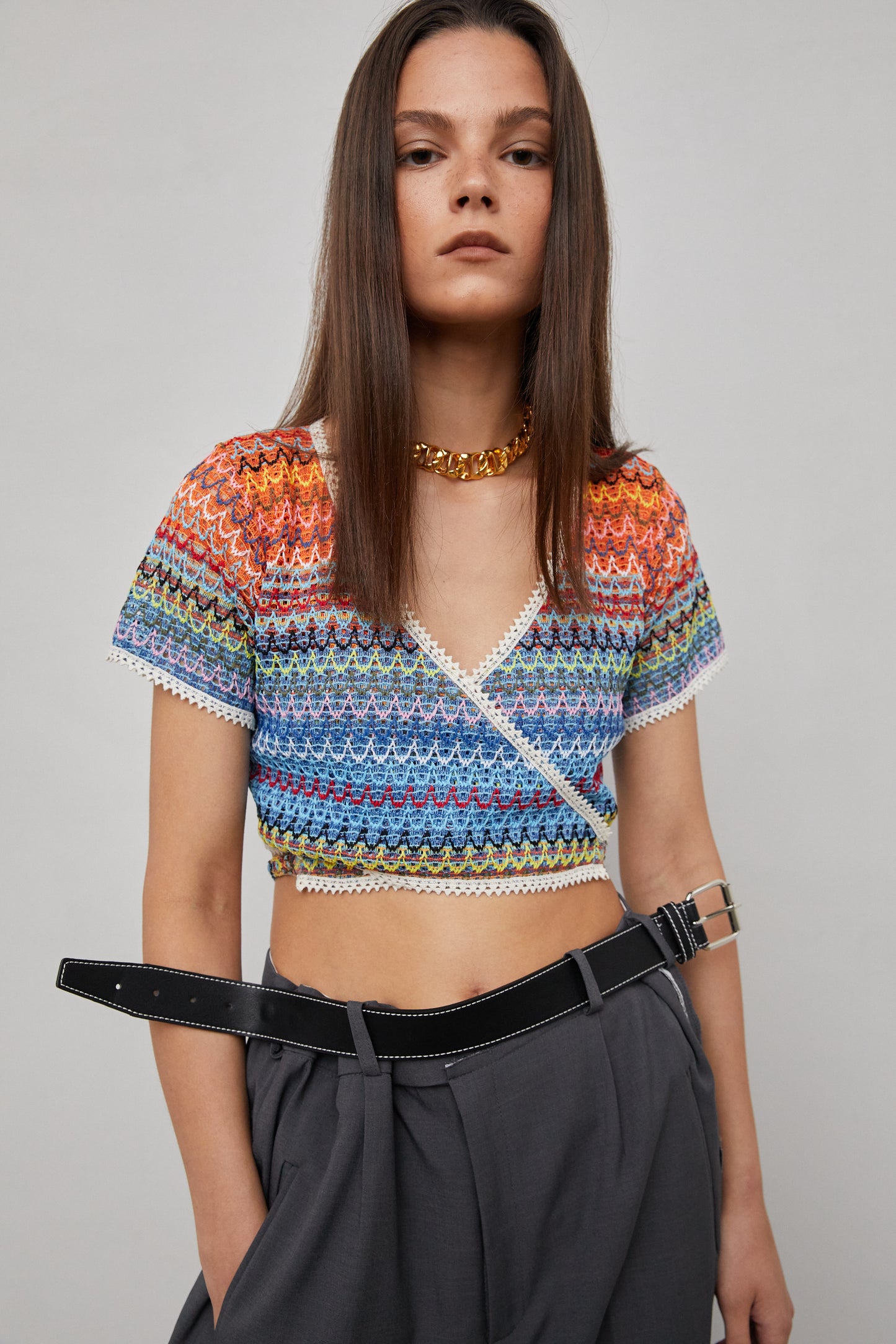 Rainbow Cropped Tie Knit Top, Orange & Blue