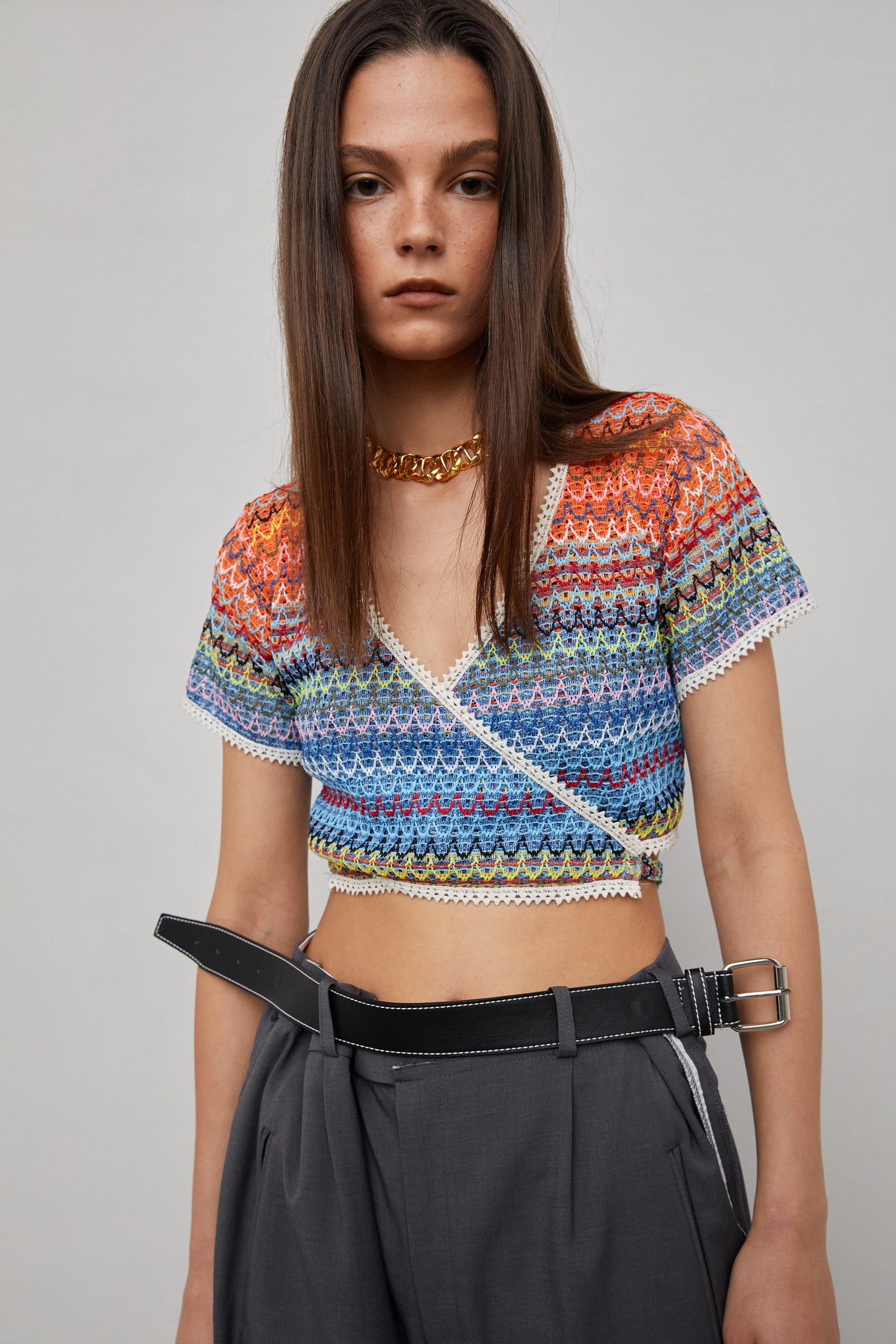 Rainbow Cropped Tie Knit Top, Orange & Blue