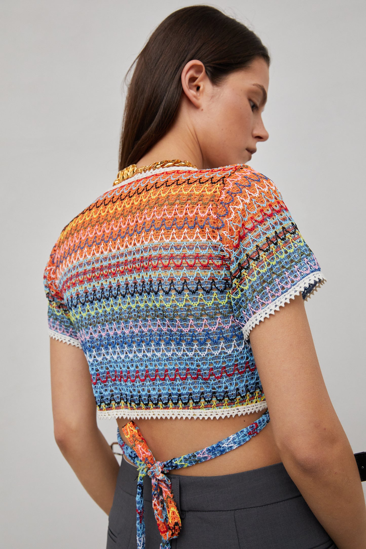 Rainbow Cropped Tie Knit Top, Orange & Blue