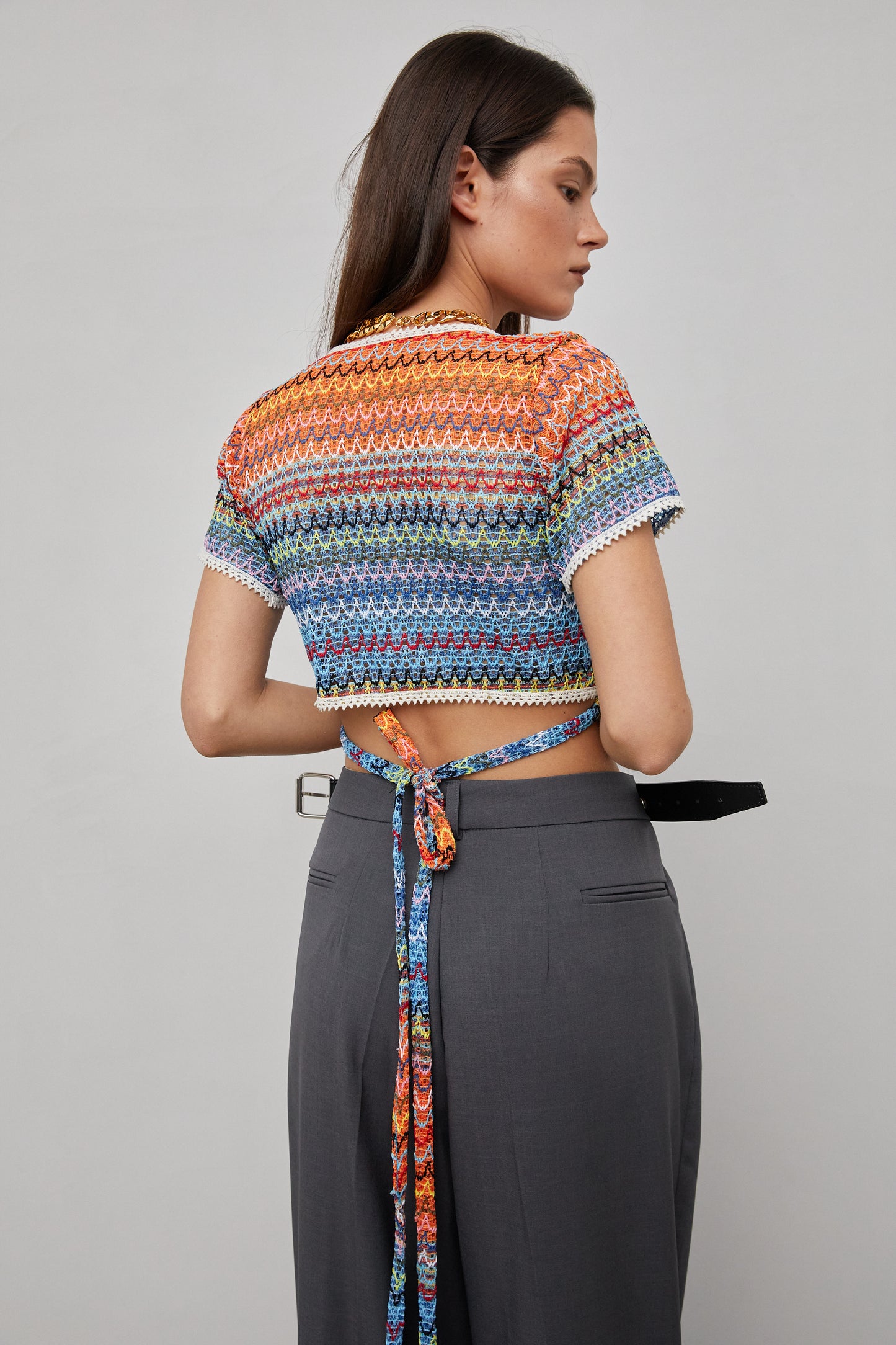 Rainbow Cropped Tie Knit Top, Orange & Blue