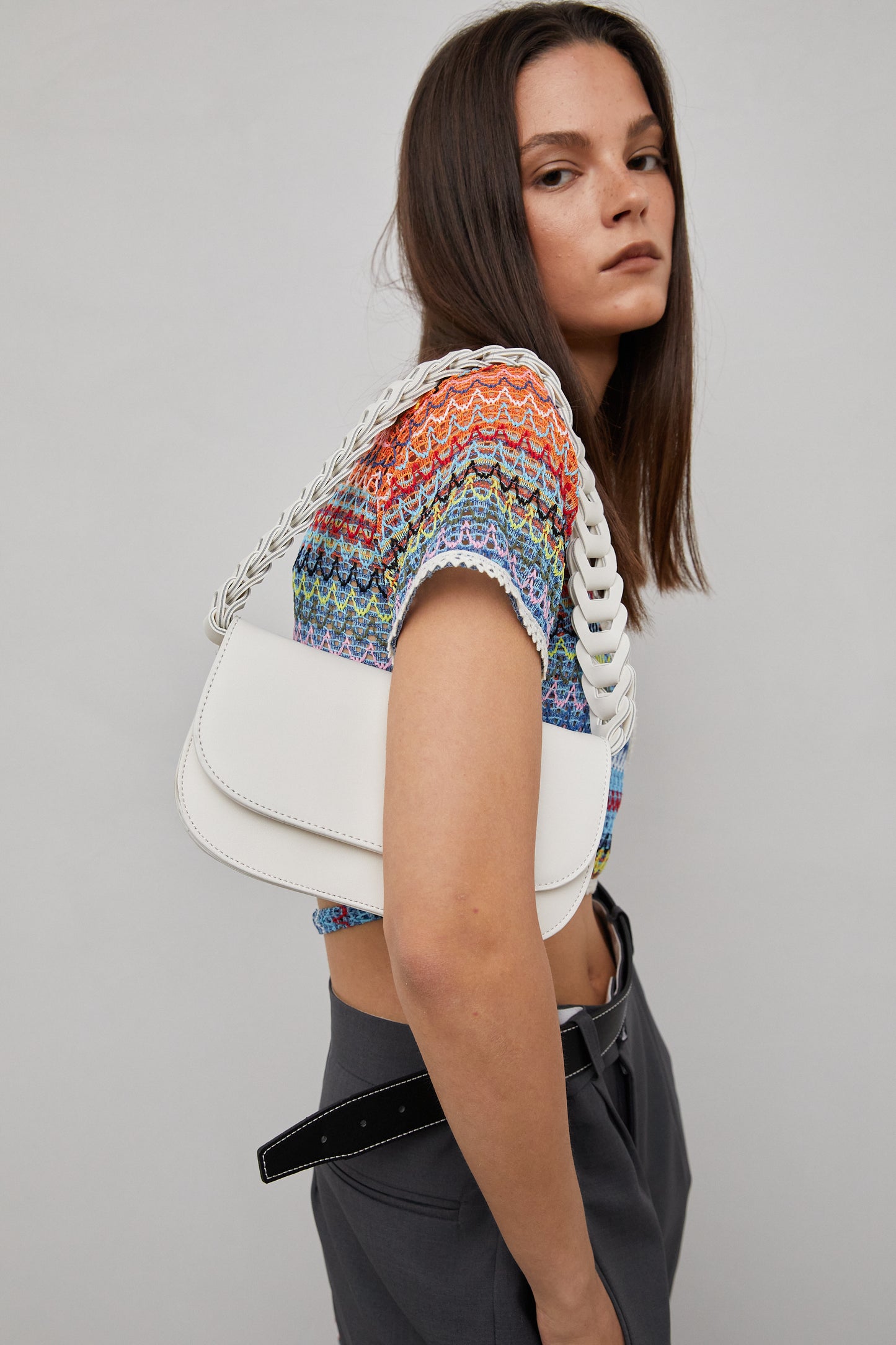 Braided Straps Leather Bag, Cream