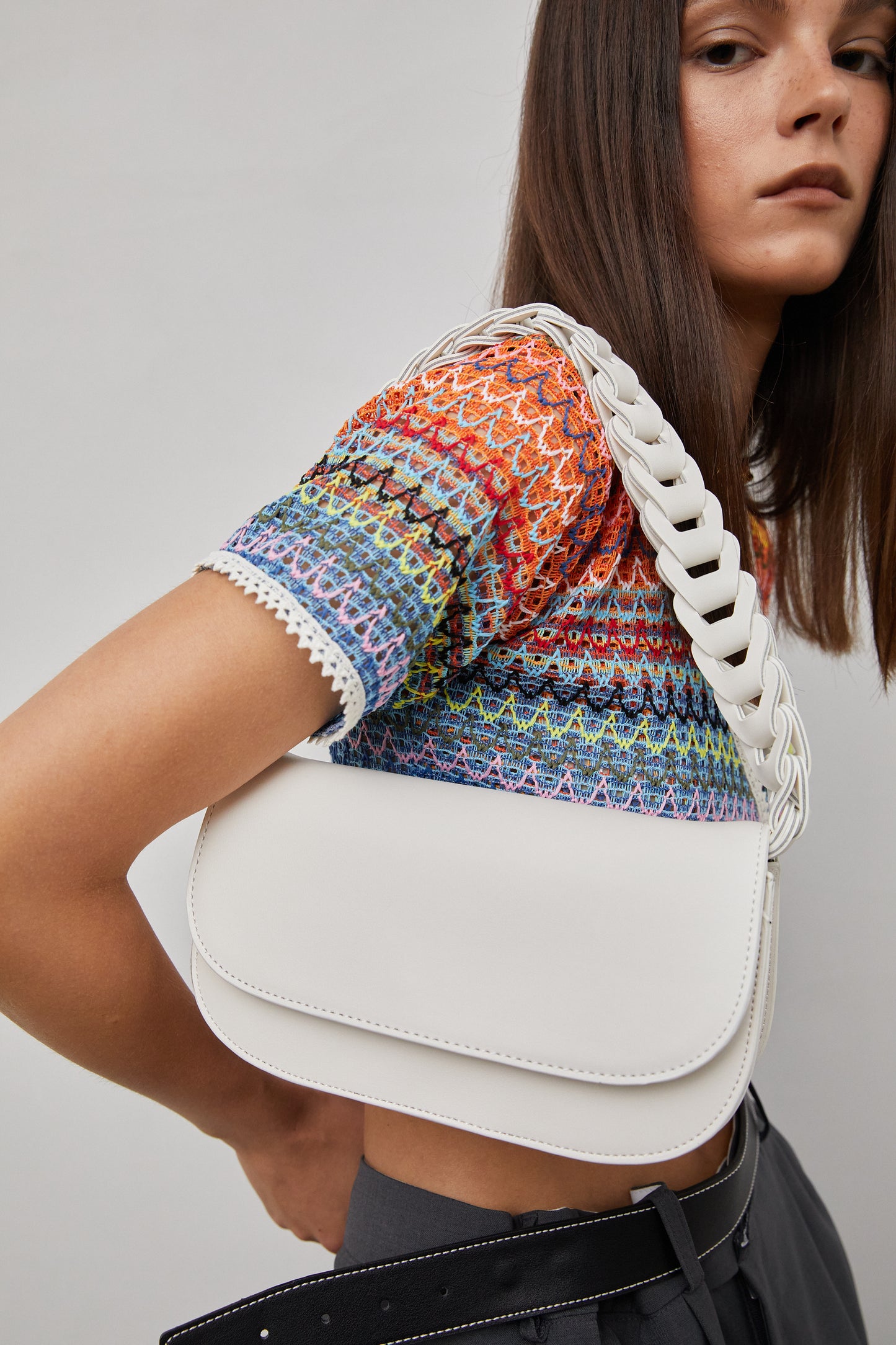 Braided Straps Leather Bag, Cream