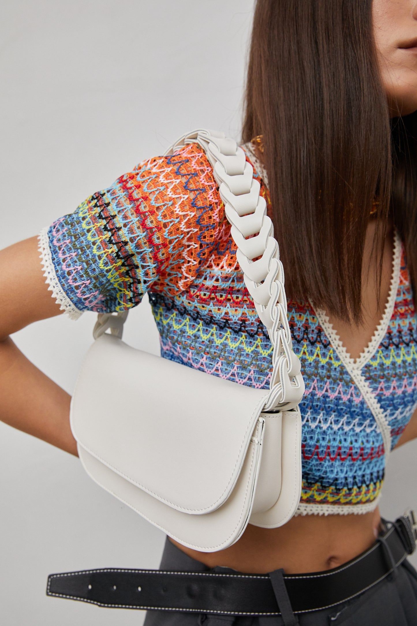 Braided Straps Leather Bag, Cream