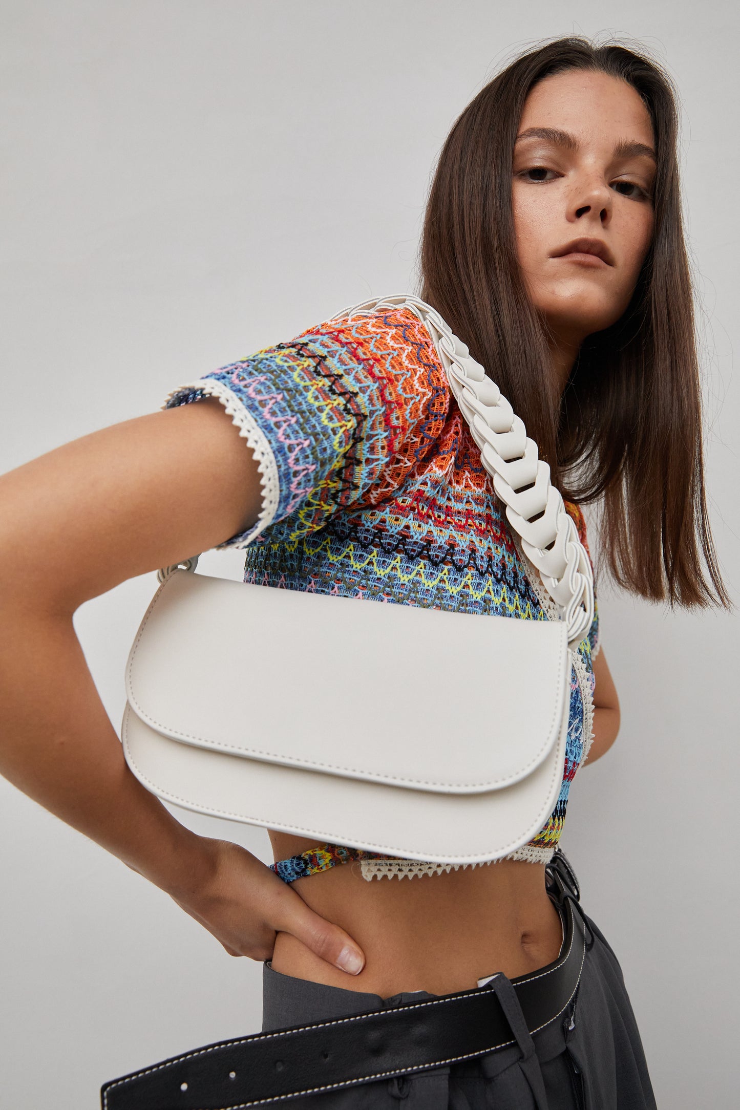 Braided Straps Leather Bag, Cream