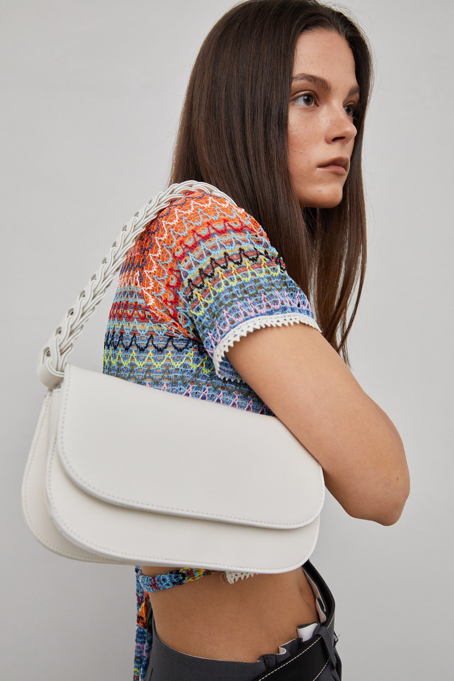 Braided Straps Leather Bag, Cream