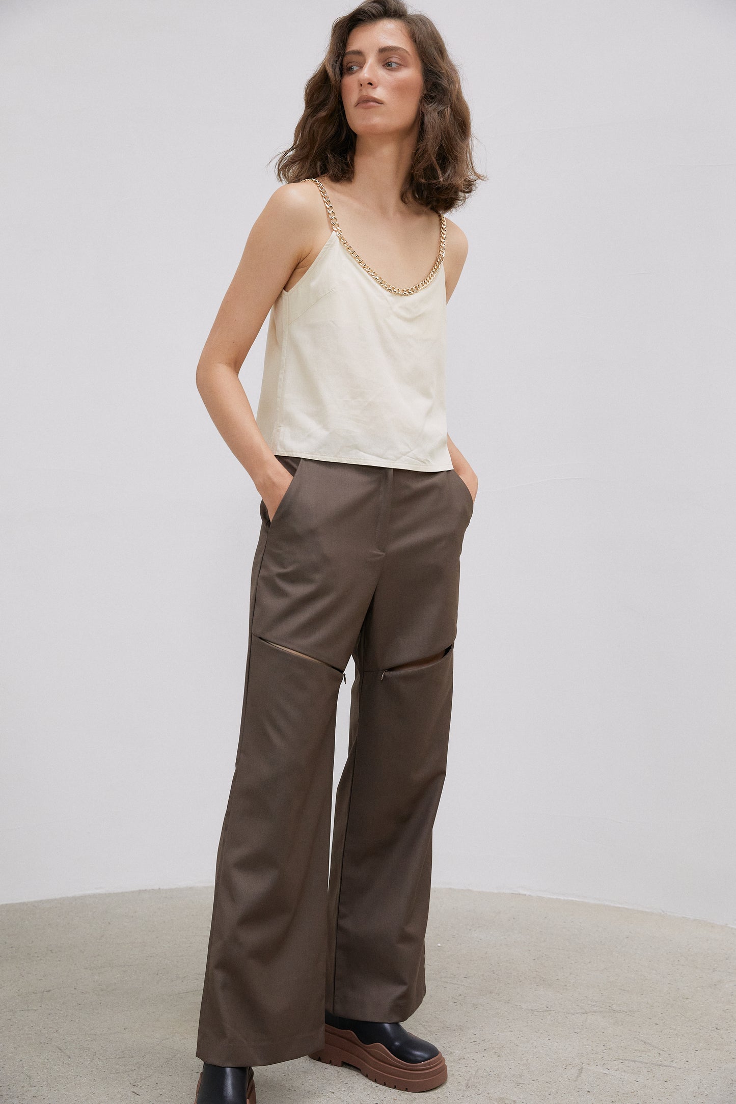 Zip Thigh Slit Trousers, Olive Brown