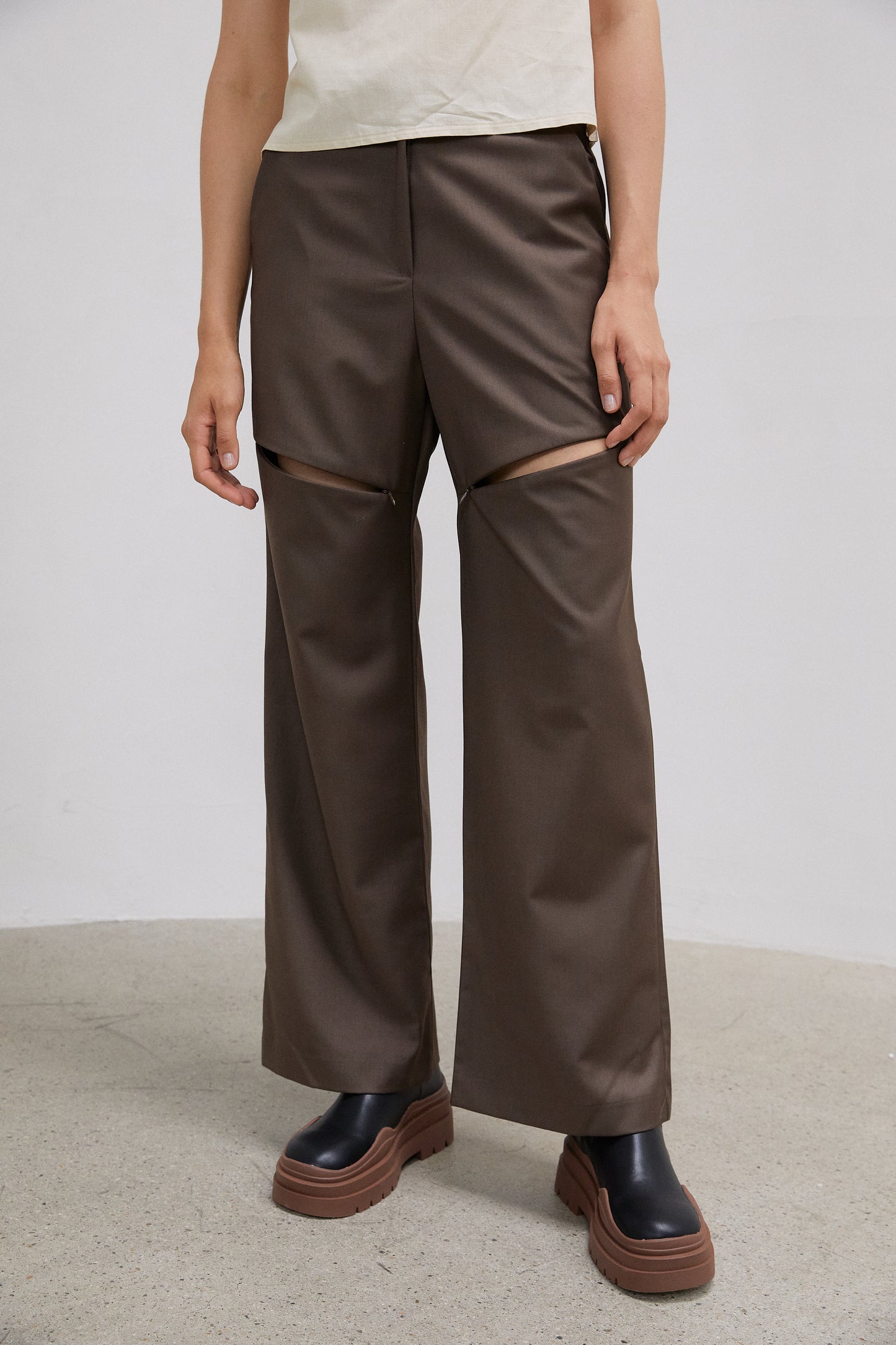Zip Thigh Slit Trousers, Olive Brown