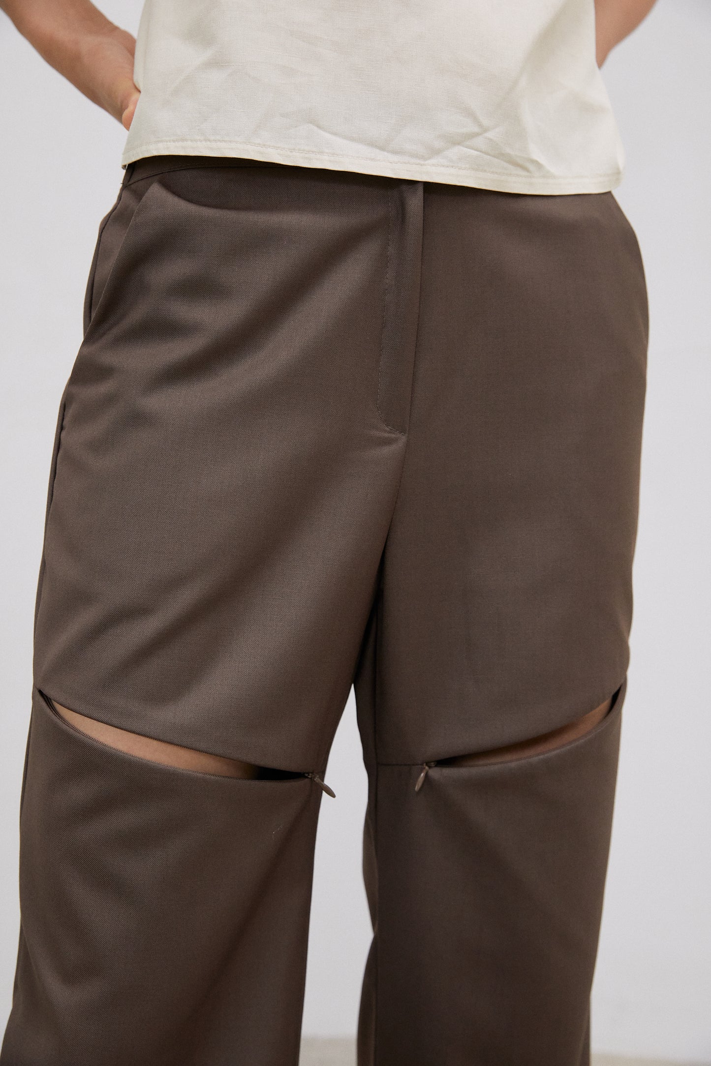 Zip Thigh Slit Trousers, Olive Brown