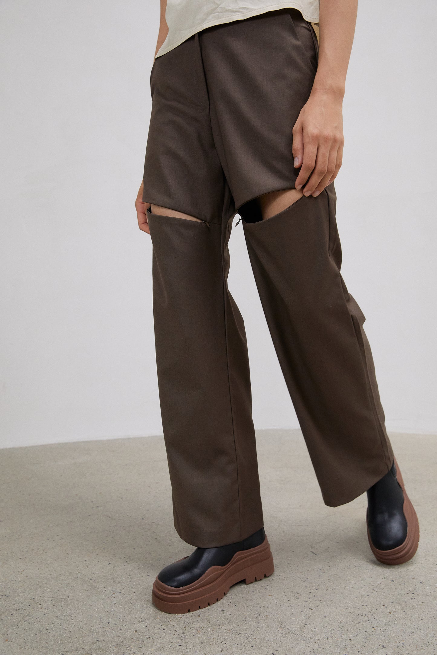 Zip Thigh Slit Trousers, Olive Brown