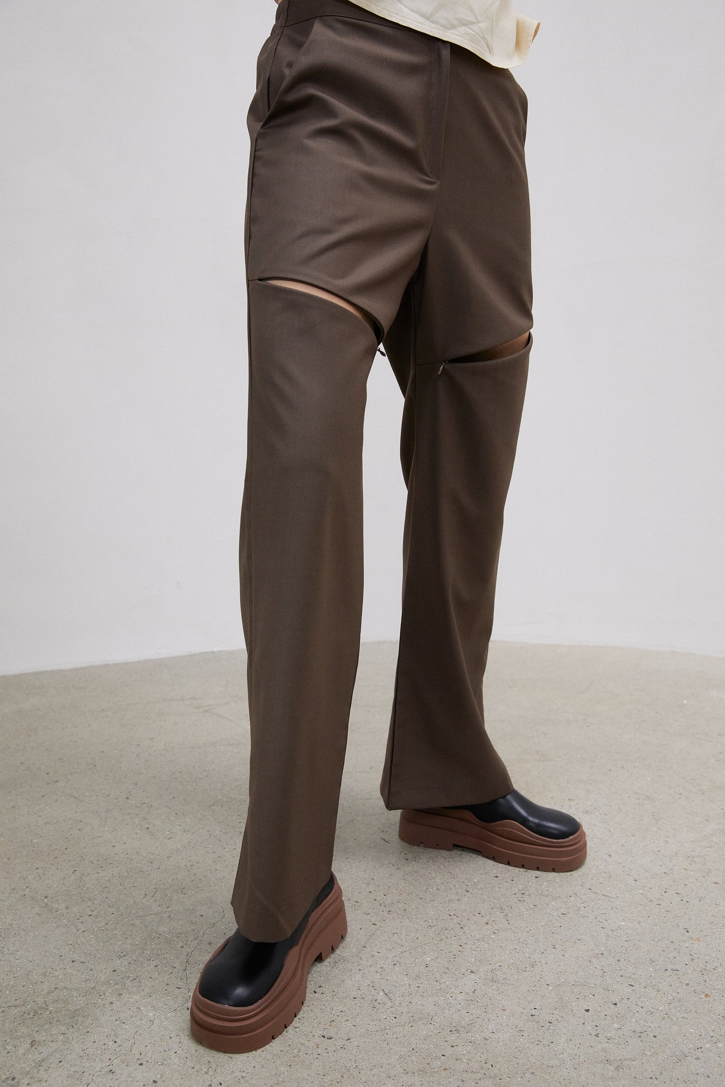 Zip Thigh Slit Trousers, Olive Brown