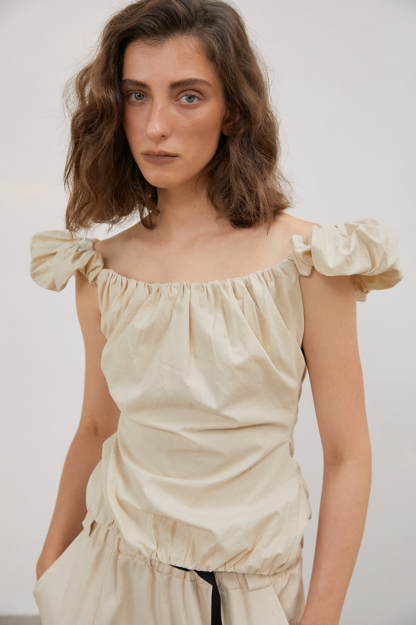Ruched Ruffle Top, Beige