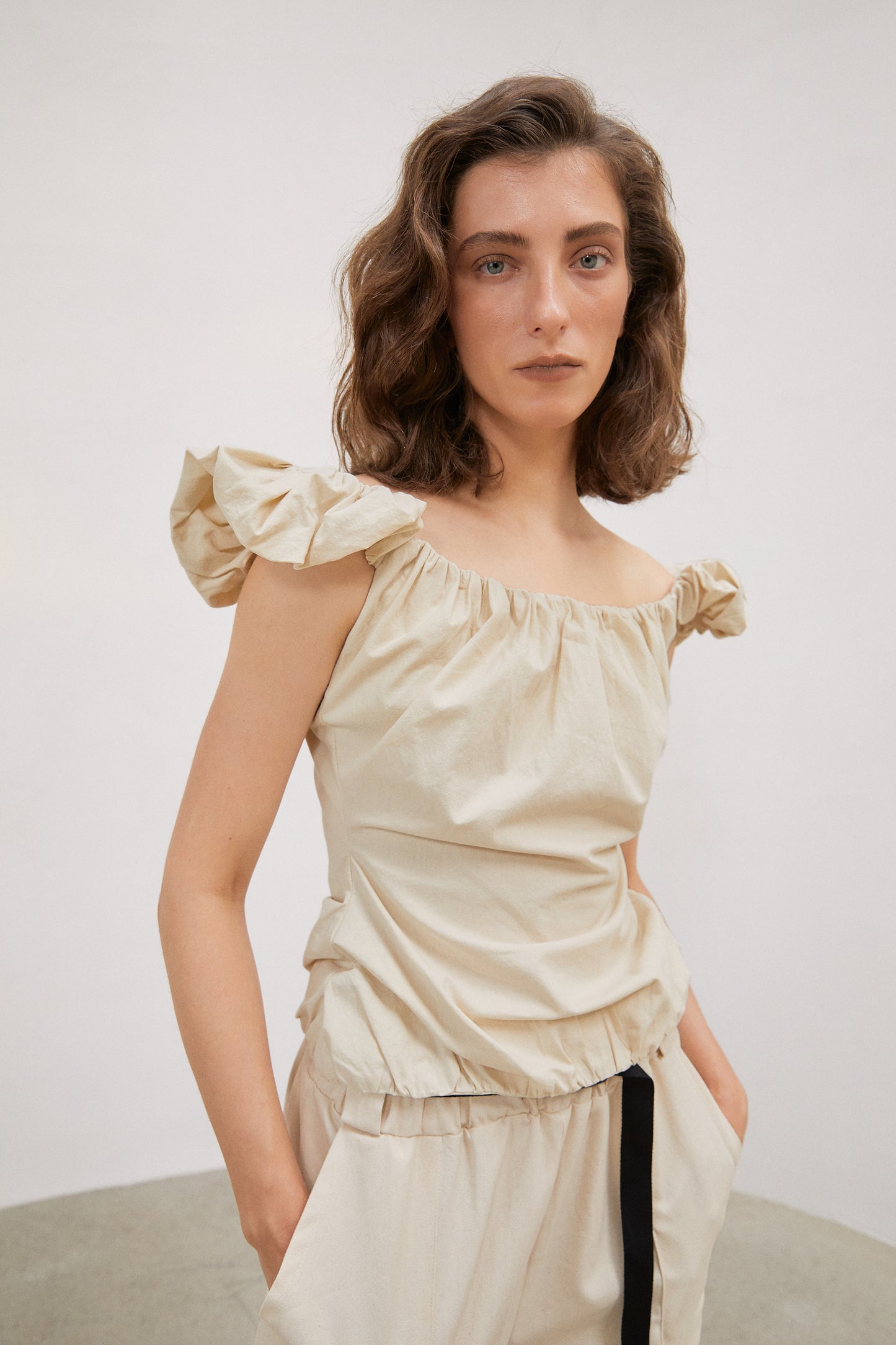 Ruched Ruffle Top, Beige