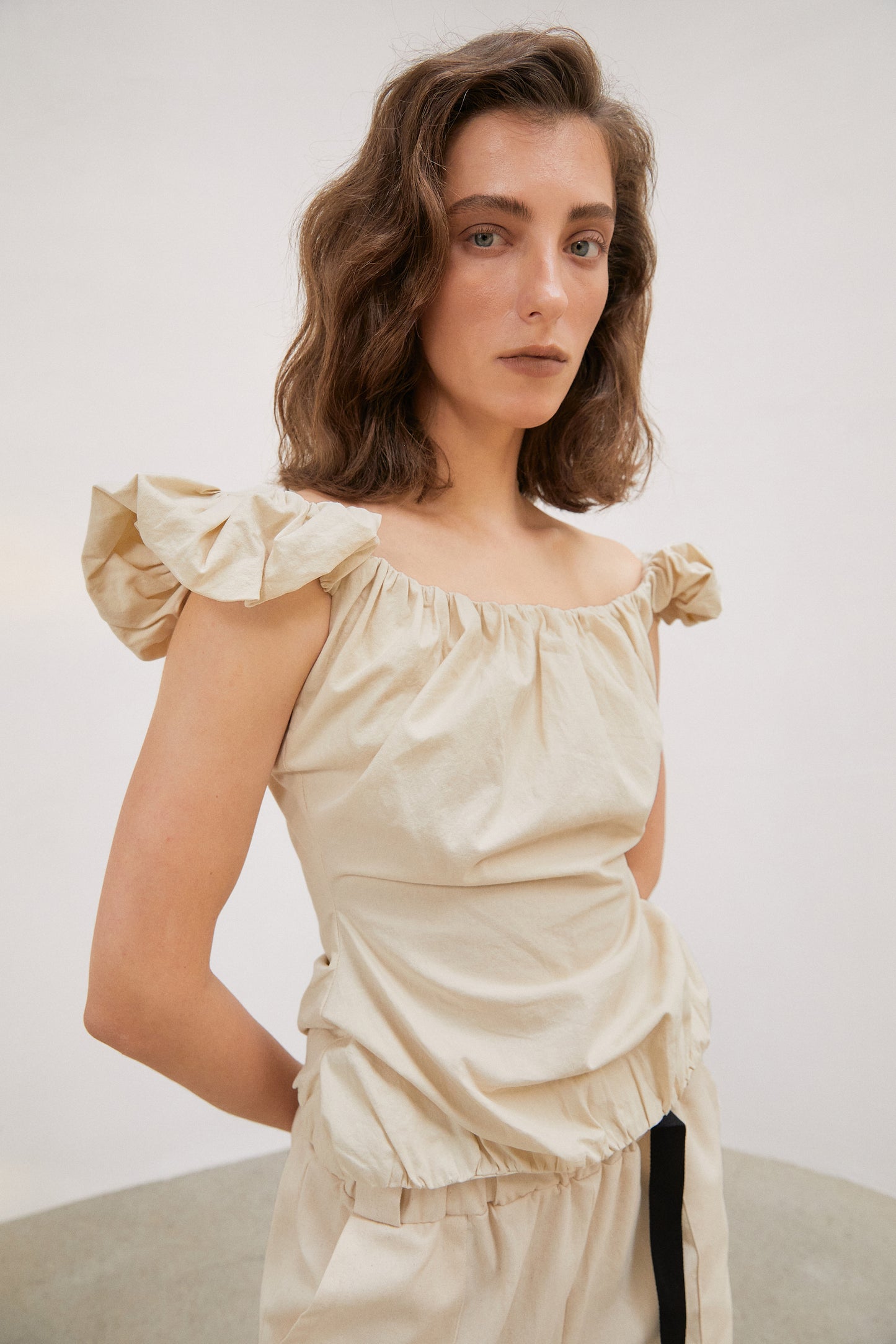 Ruched Ruffle Top, Beige