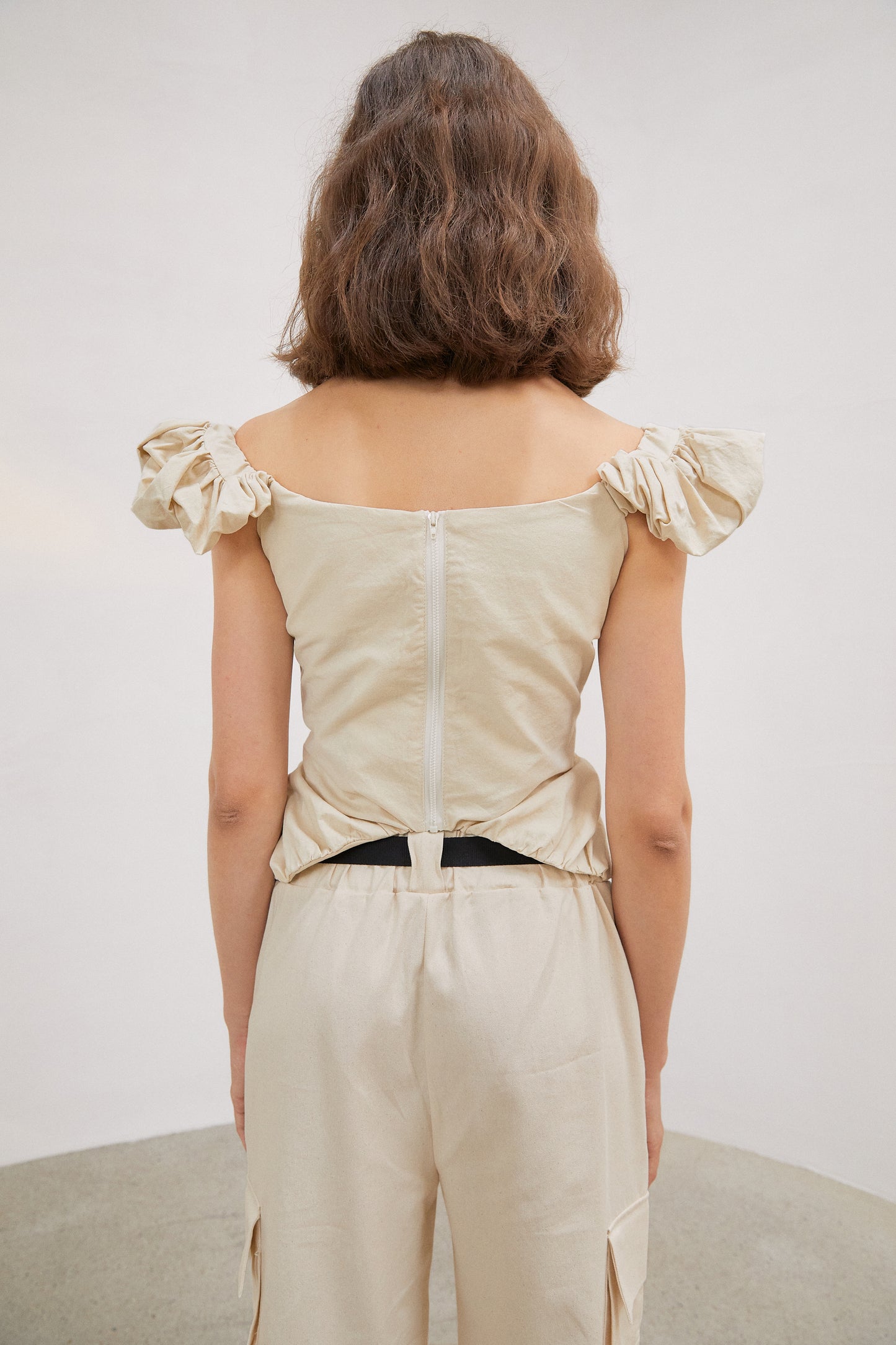 Ruched Ruffle Top, Beige