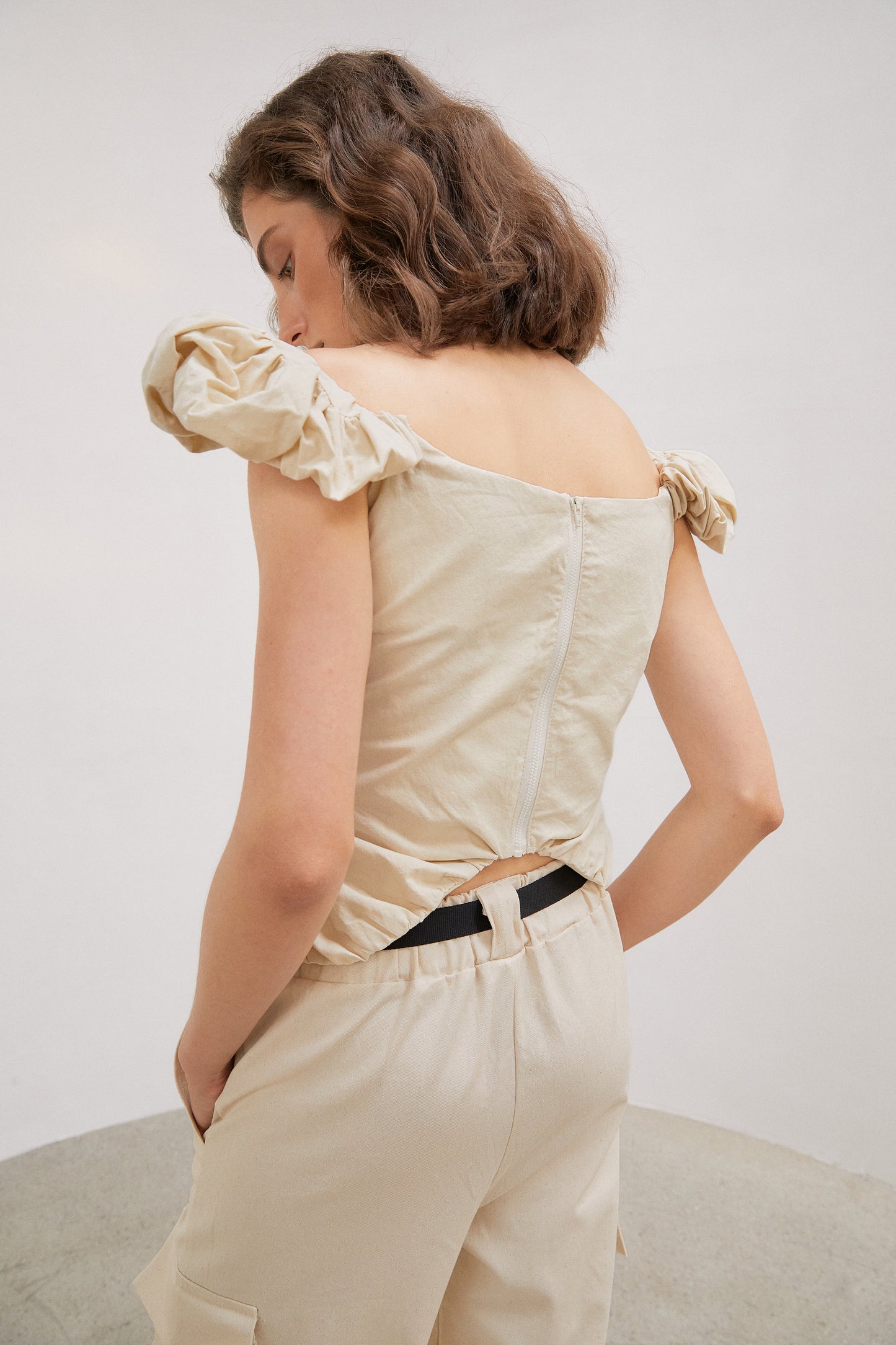 Ruched Ruffle Top, Beige