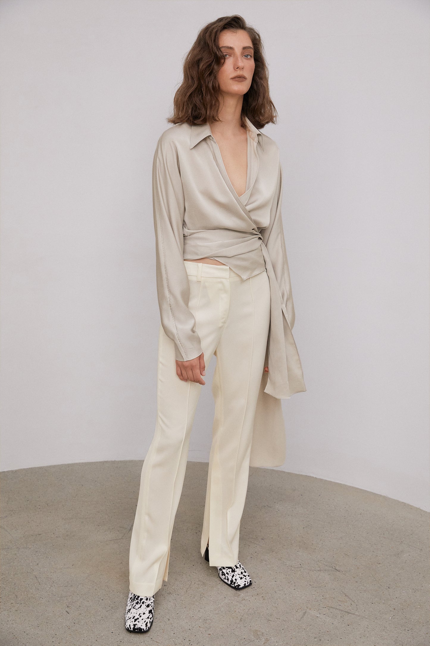 Wrap Tie Silky Satin Blouse, Silver Beige