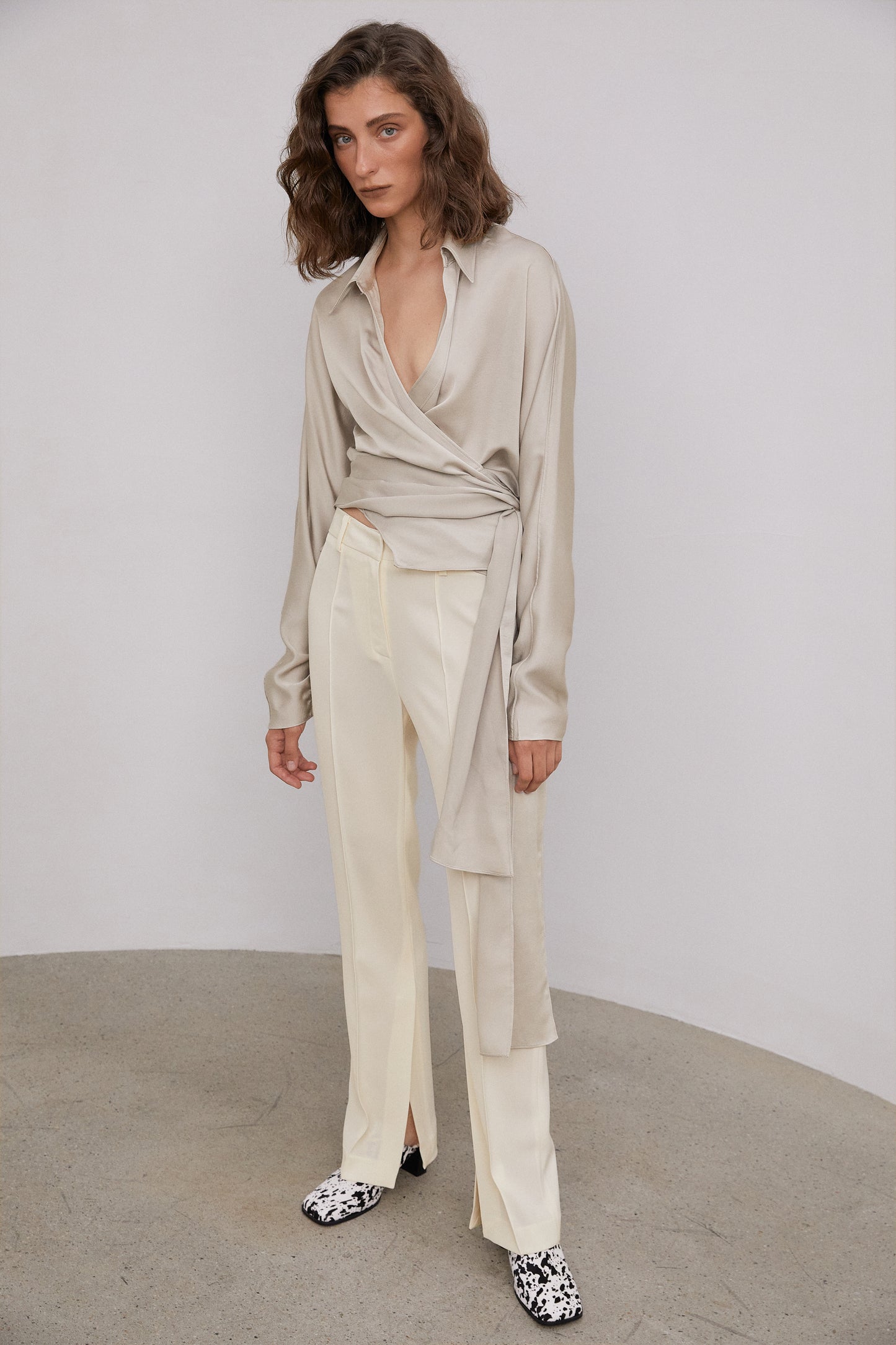 Wrap Tie Silky Satin Blouse, Silver Beige