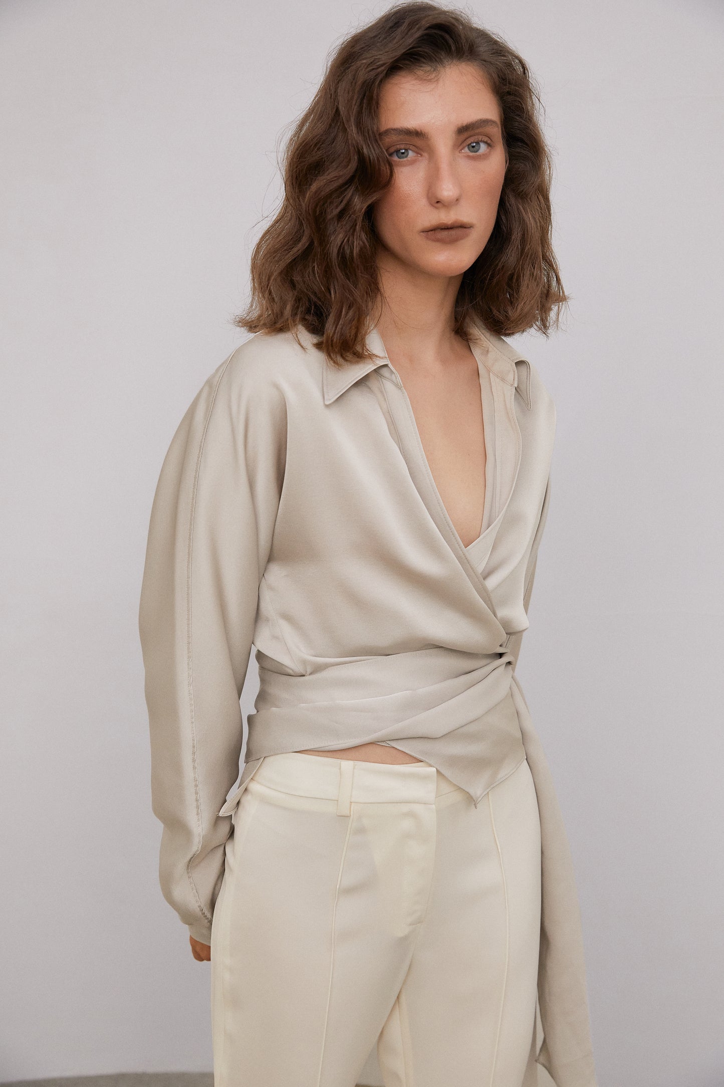 Wrap Tie Silky Satin Blouse, Silver Beige