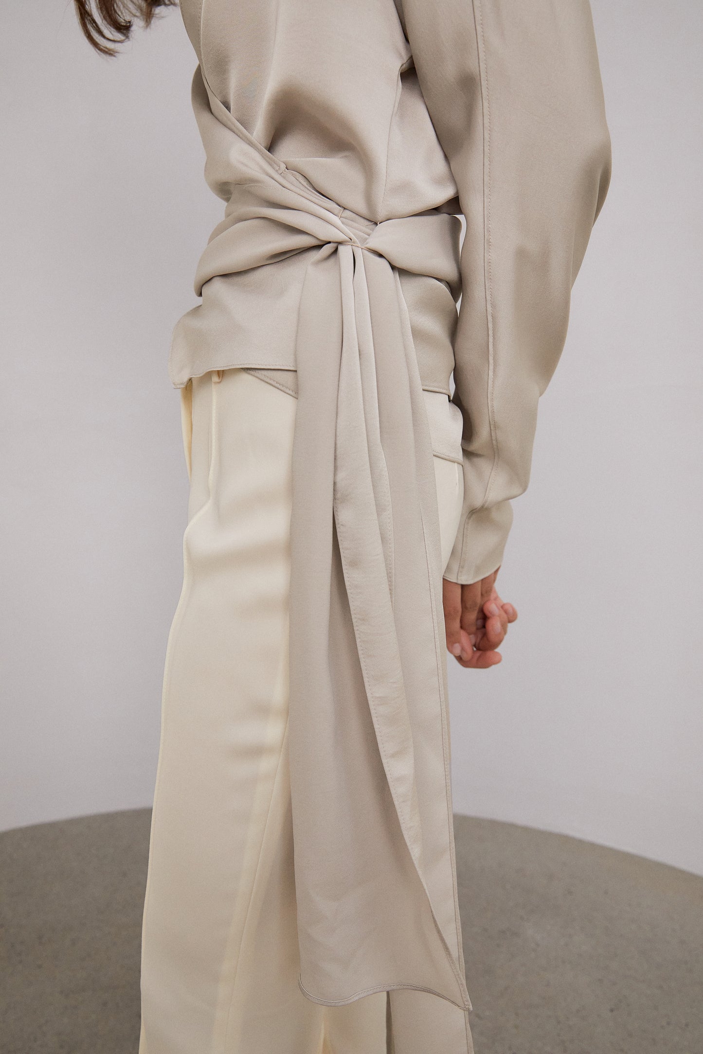 Wrap Tie Silky Satin Blouse, Silver Beige