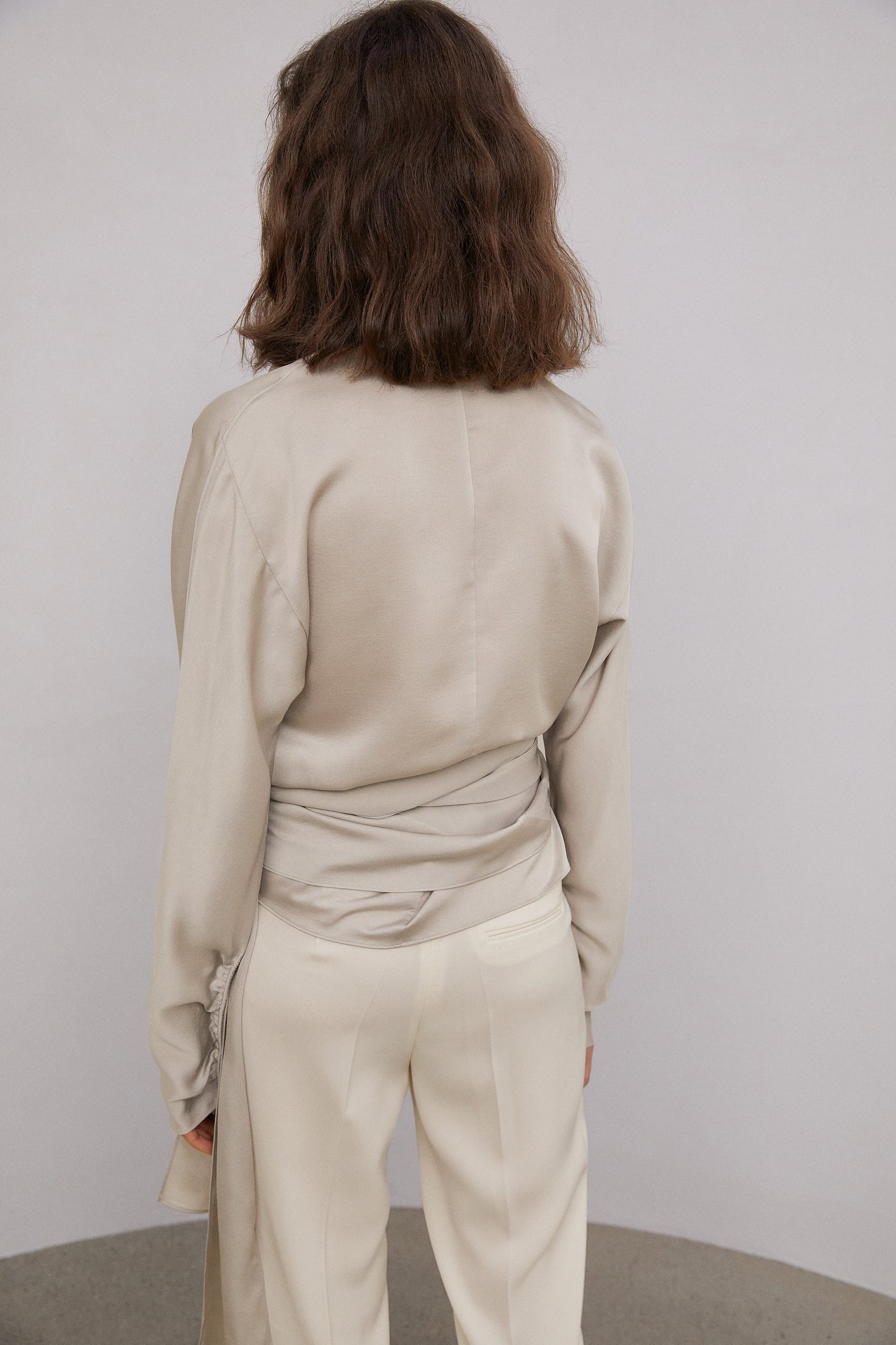 Wrap Tie Silky Satin Blouse, Silver Beige