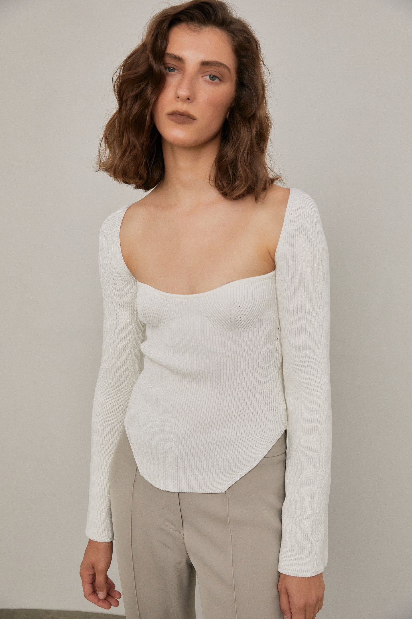 Sweetheart Neckline Ribbed Knit, Ivory