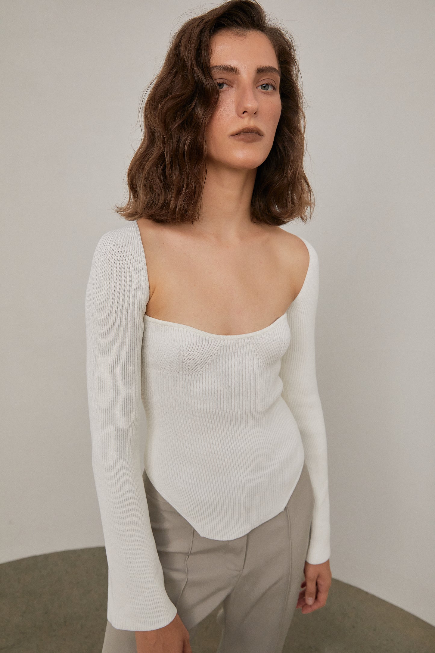 Sweetheart Neckline Ribbed Knit, Ivory