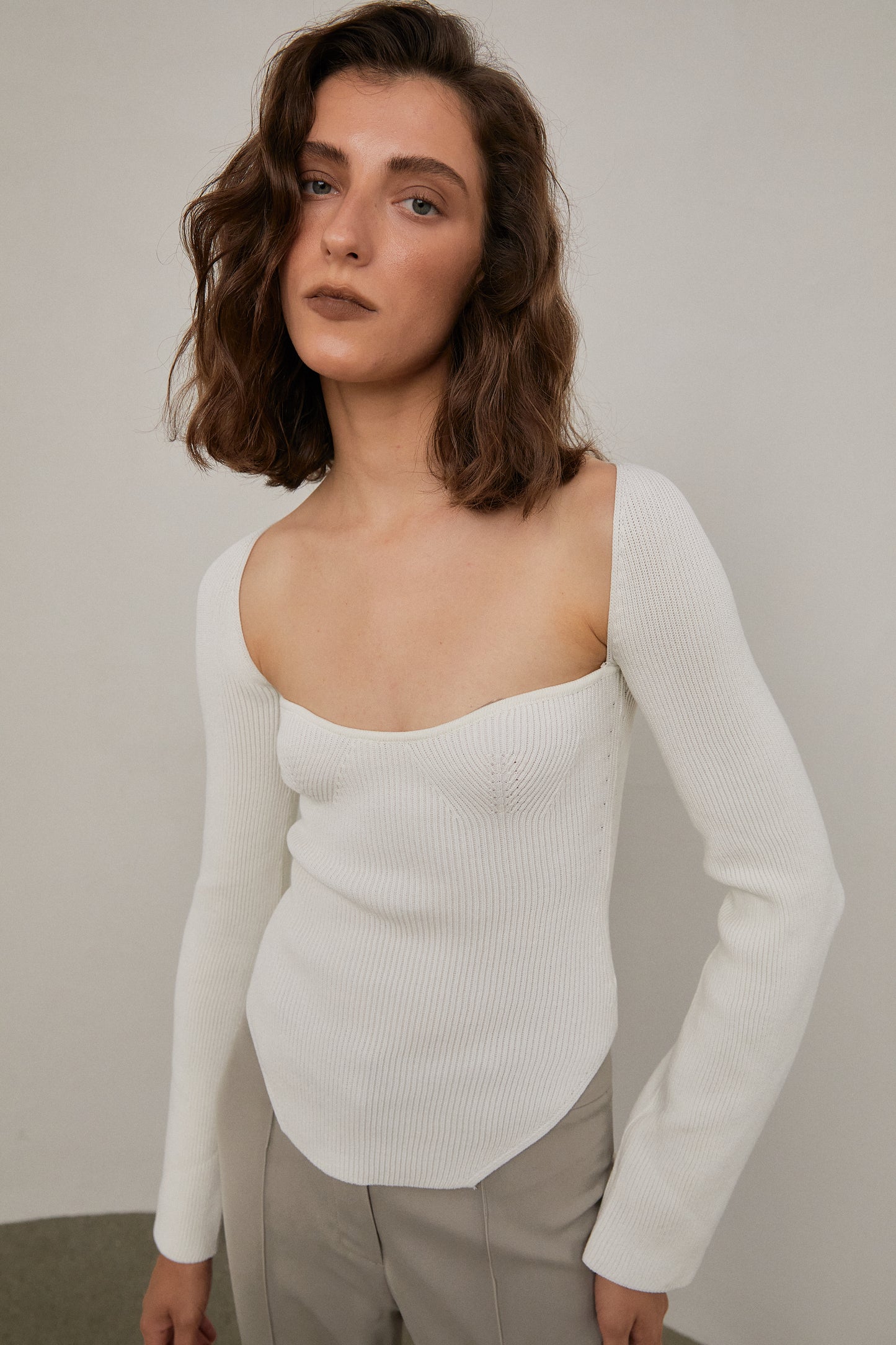 Sweetheart Neckline Ribbed Knit, Ivory