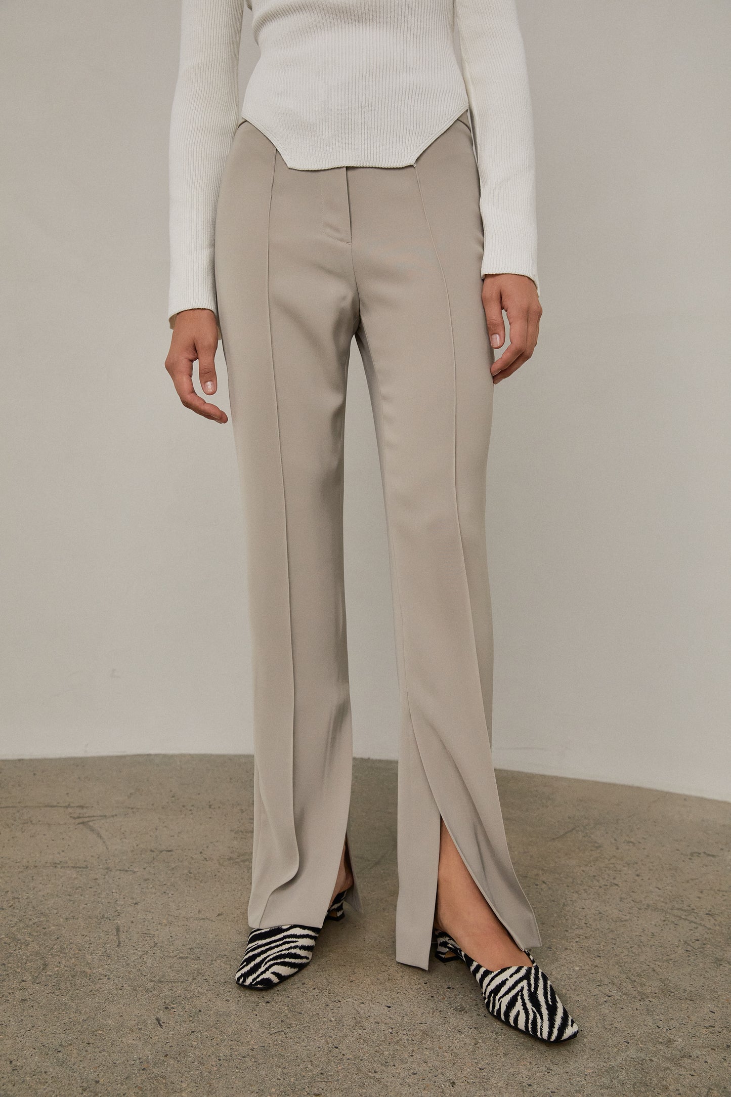 Straight Leg Side Slit Trousers, Sesame Beige