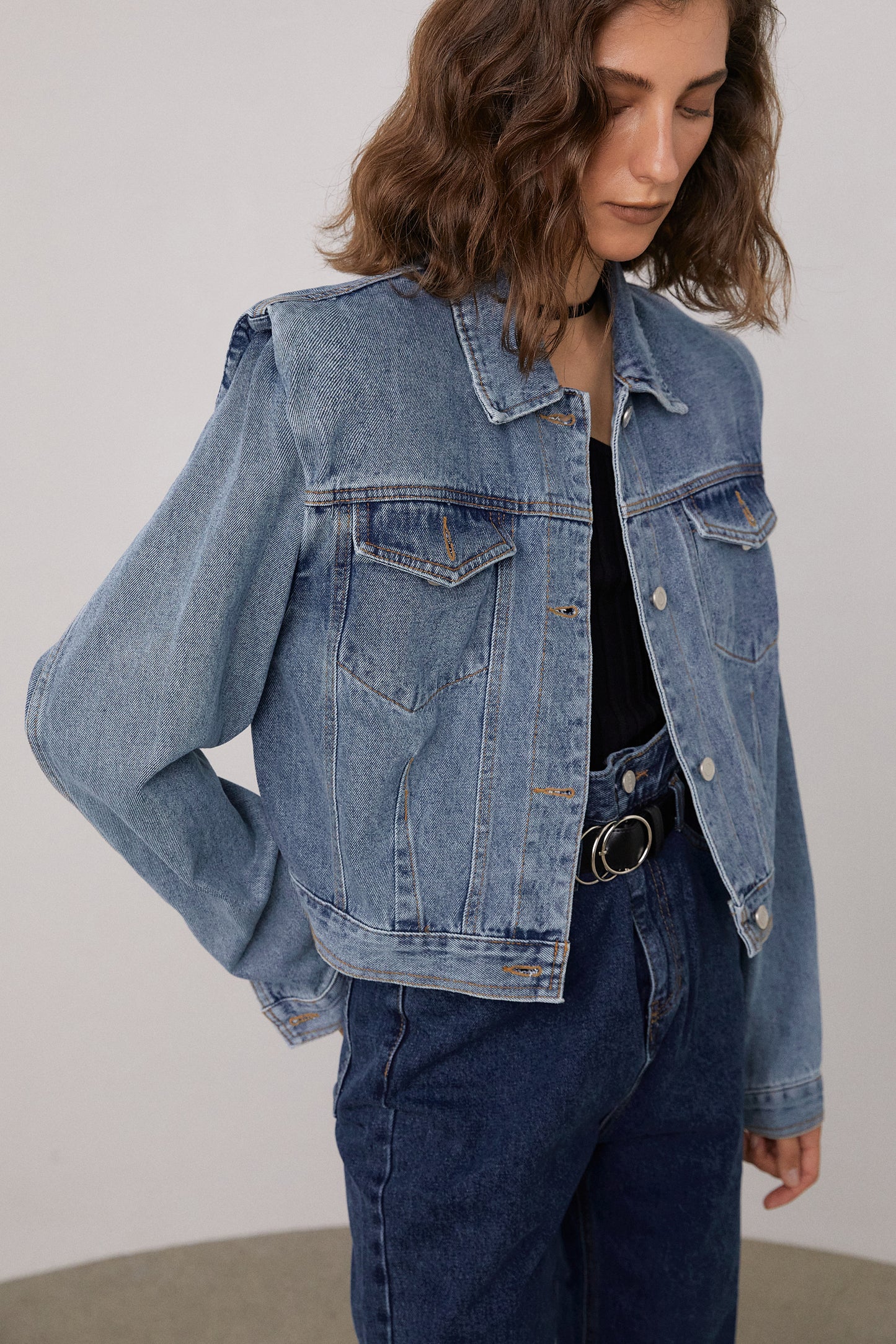 Padded Shoulder Denim Jacket, Blue