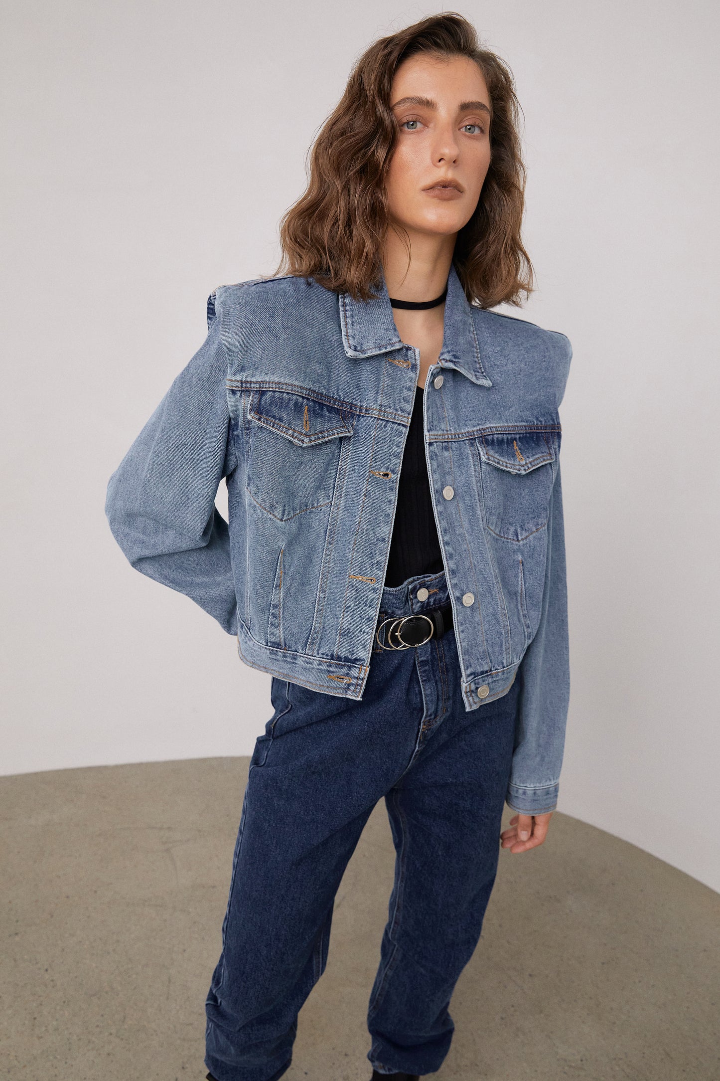 Padded Shoulder Denim Jacket, Blue