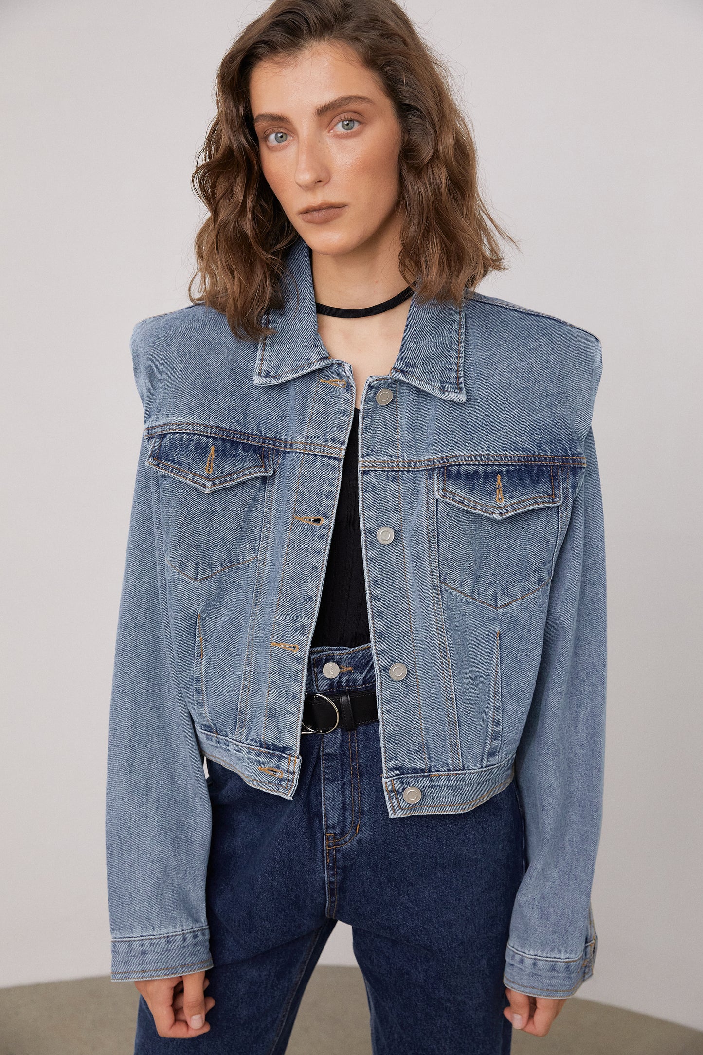 Padded Shoulder Denim Jacket, Blue