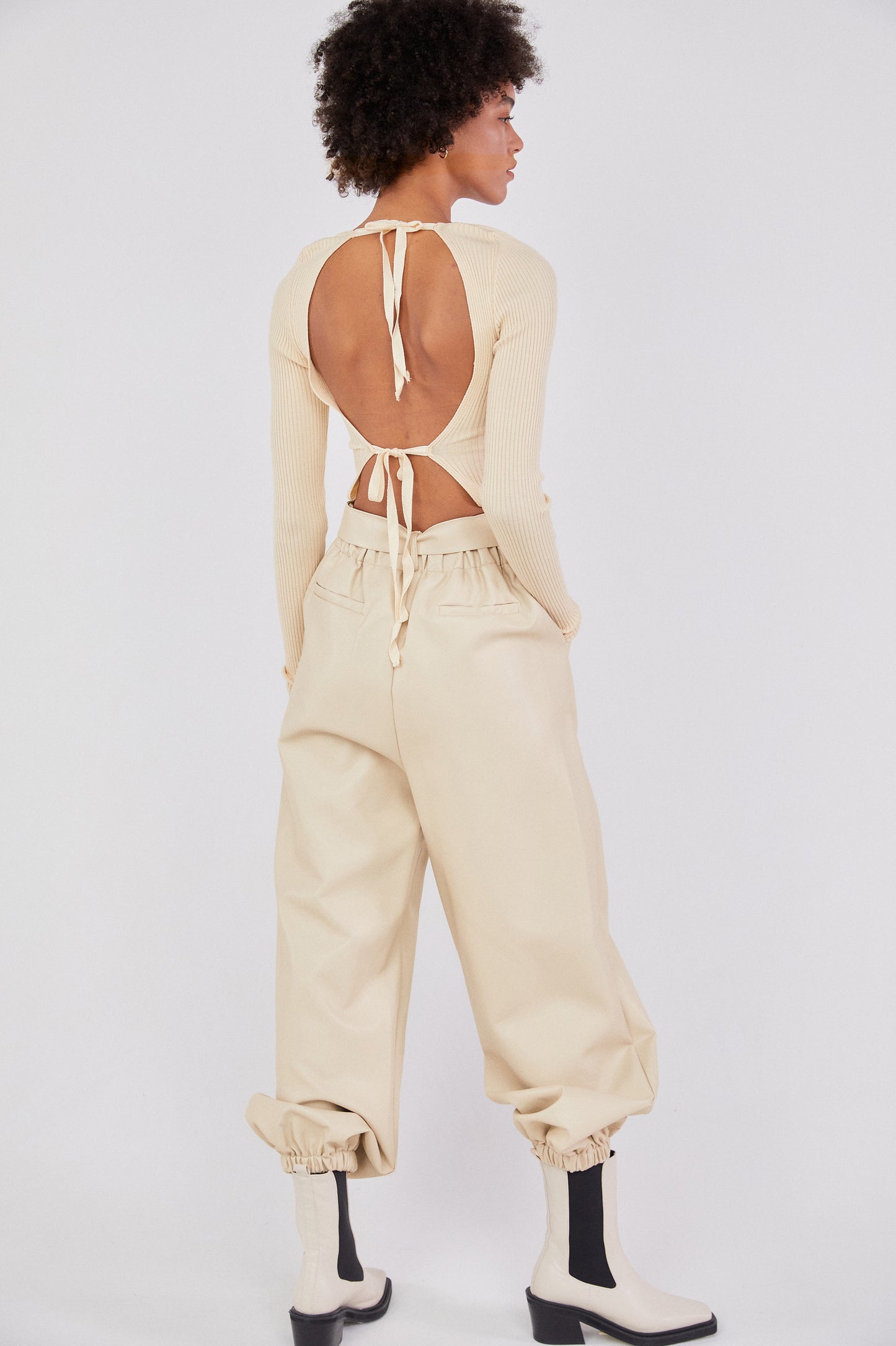 Double Tie Open Back Knit Top, Ivory Beige