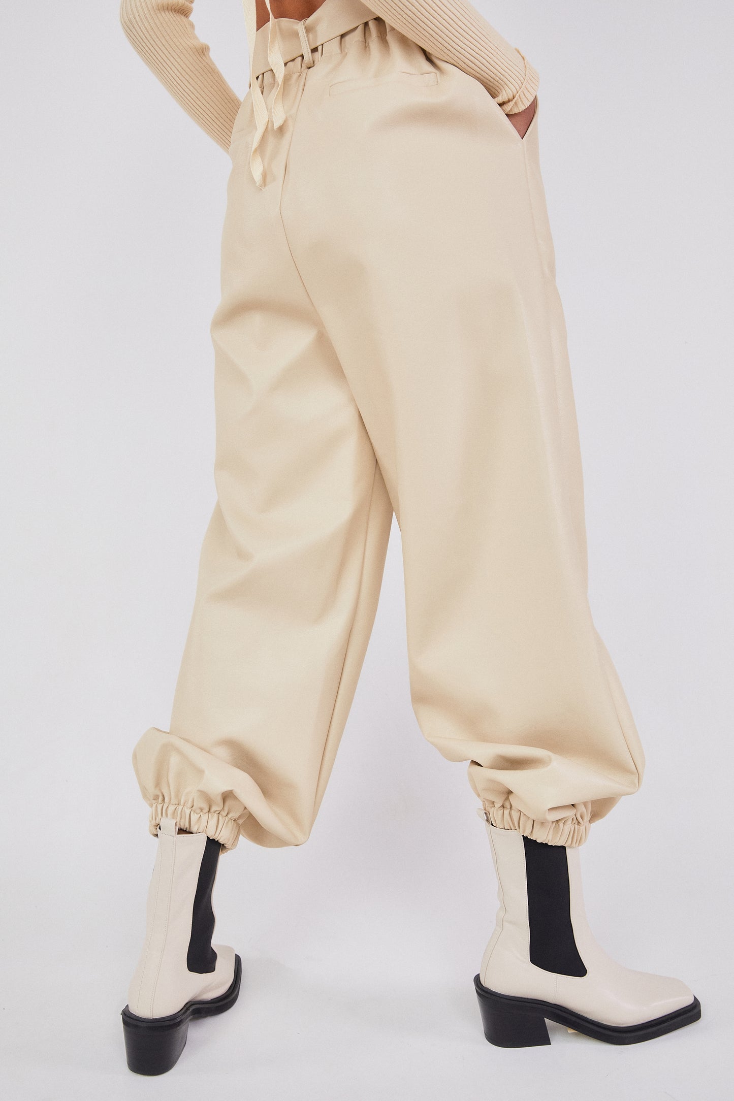 Faux Leather Jogger Pants, Cream