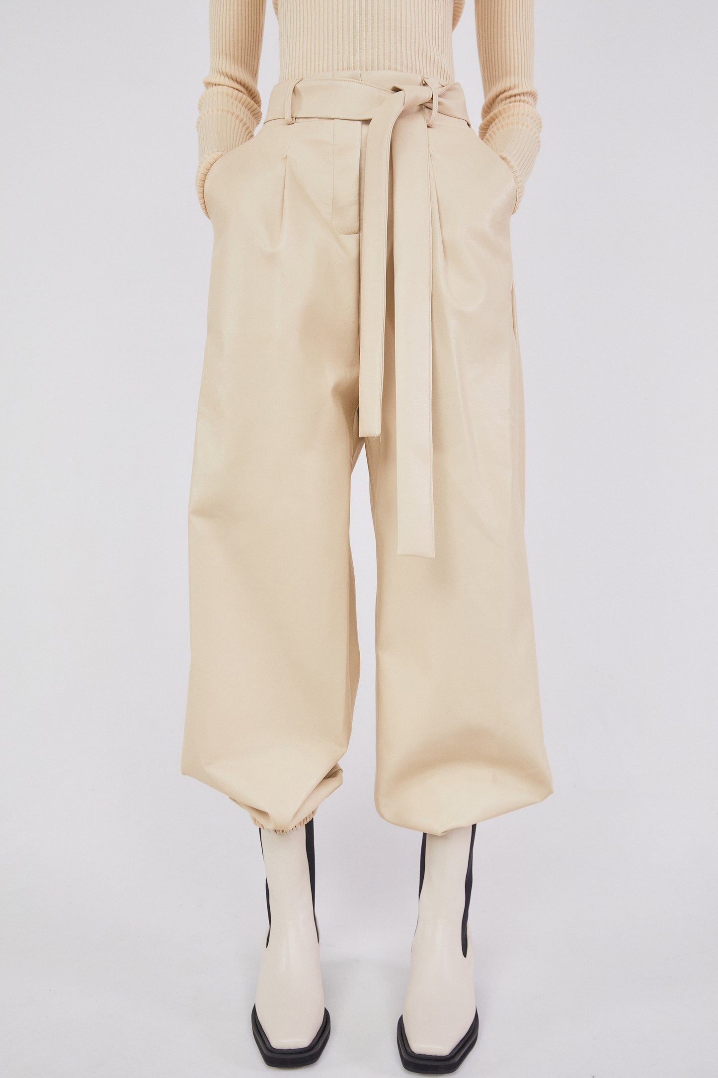 Faux Leather Jogger Pants, Cream