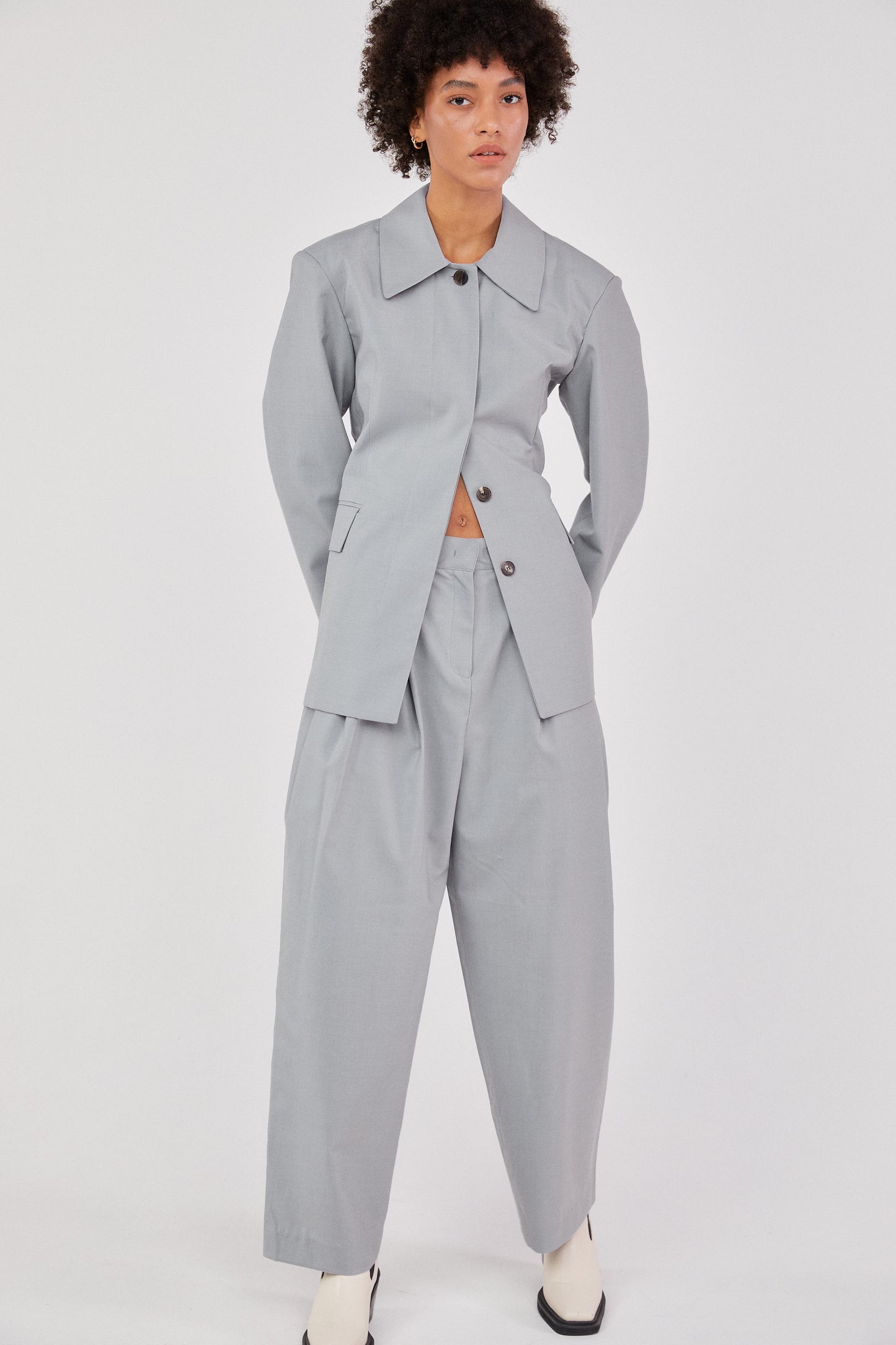 Padded Shoulder Structured Blazer, Cloud Gray