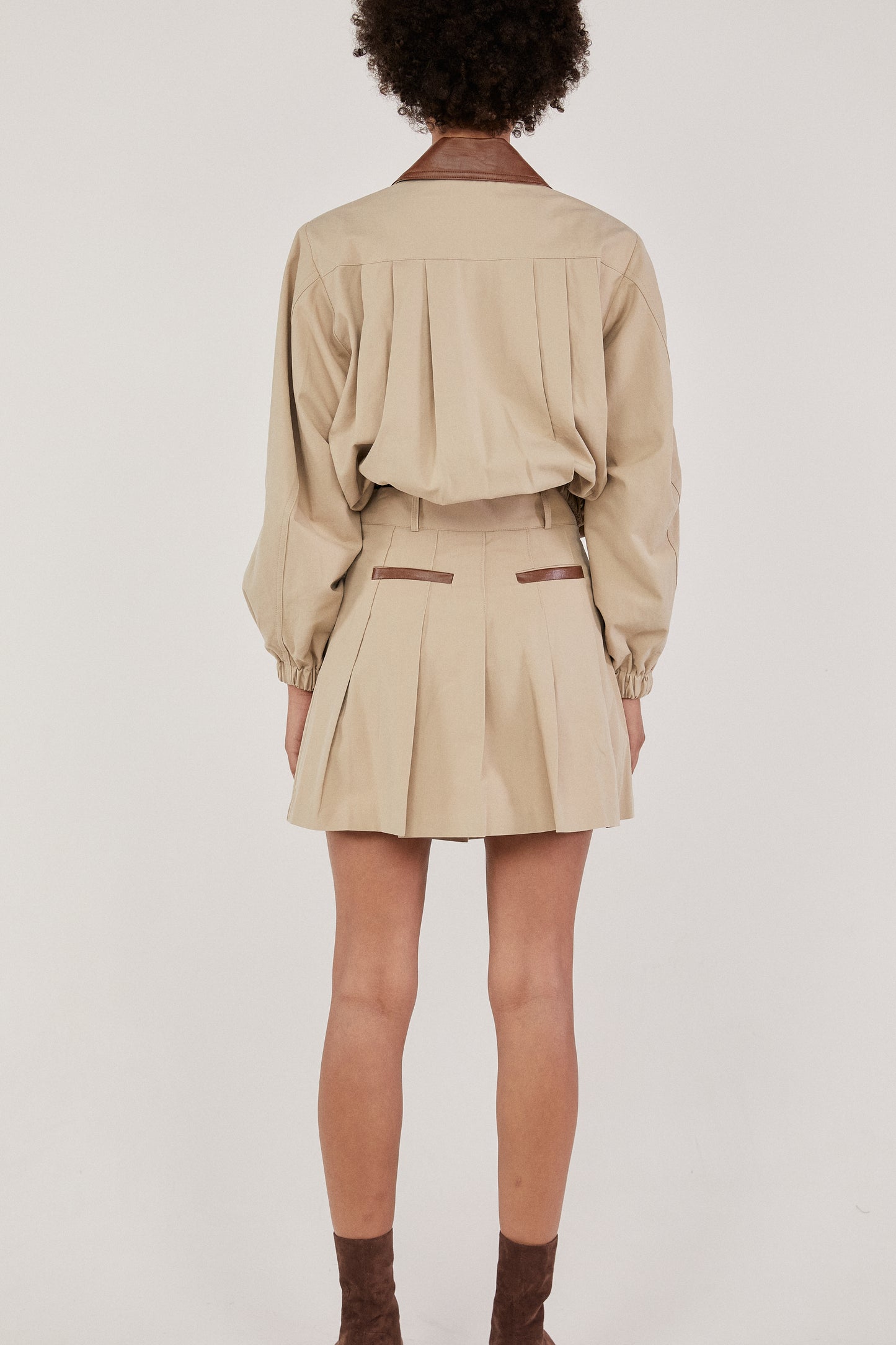Leather Collar Cargo Bomber Jacket, Sand Beige