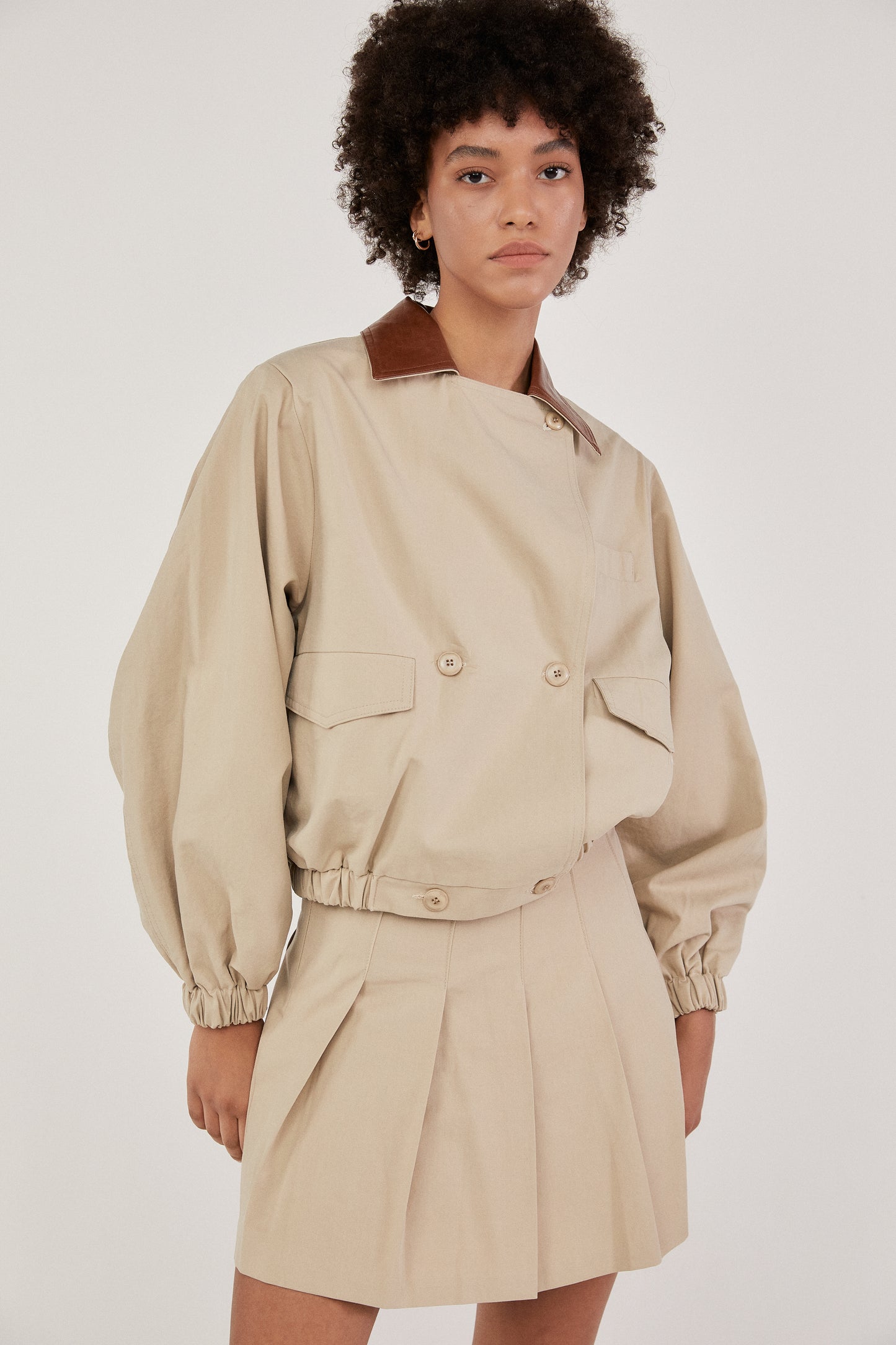 Leather Collar Cargo Bomber Jacket, Sand Beige