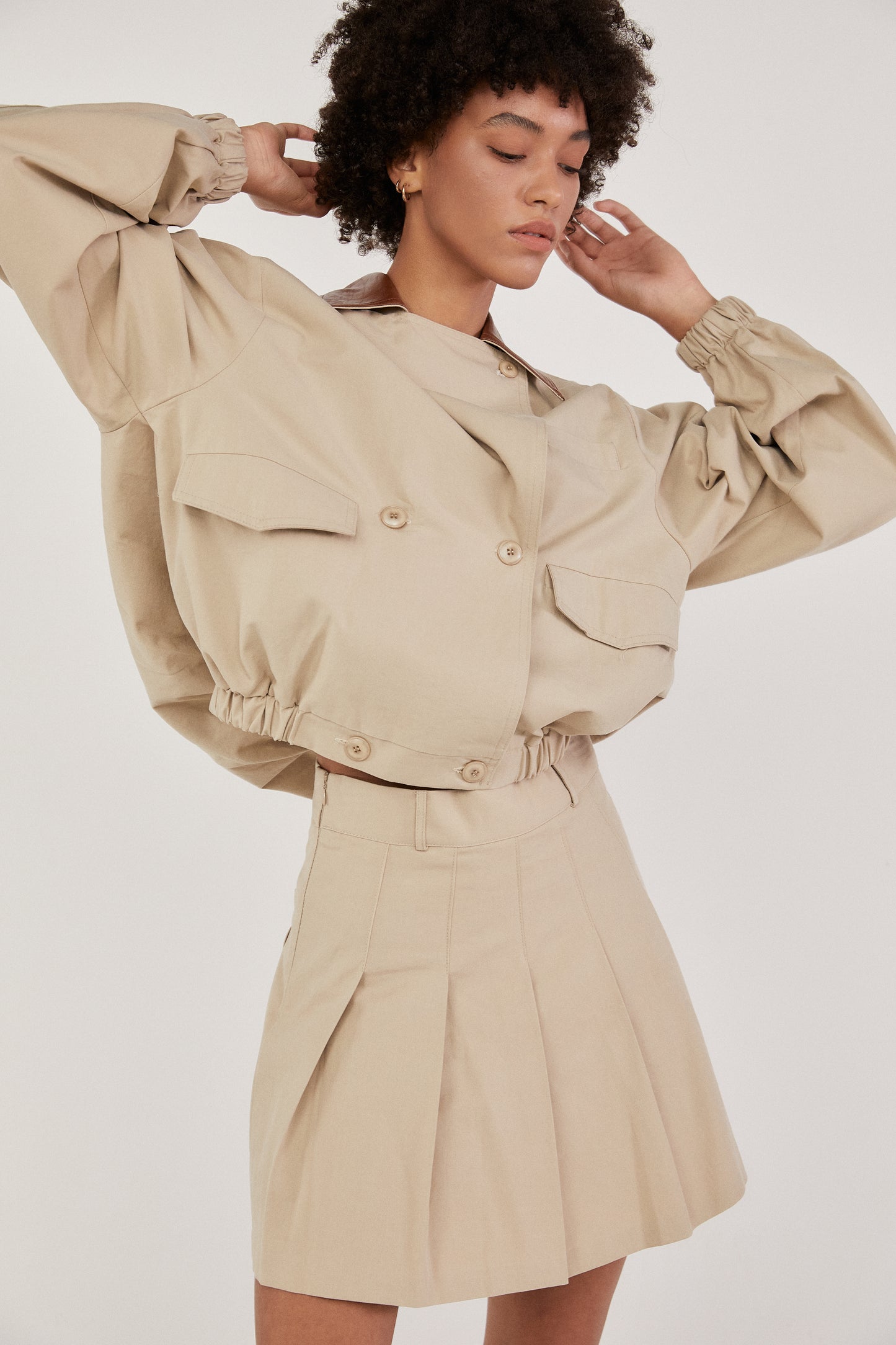 Leather Collar Cargo Bomber Jacket, Sand Beige