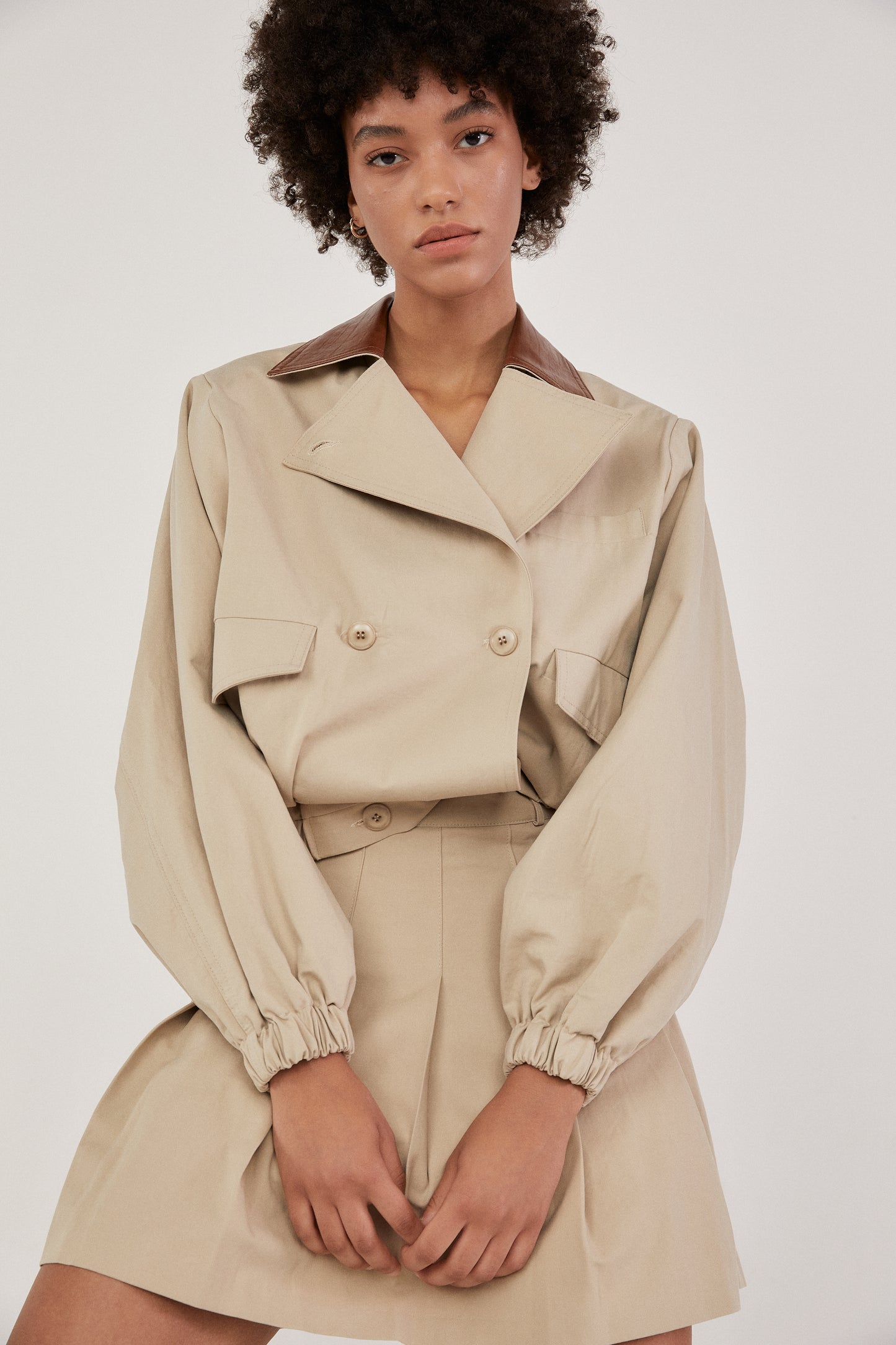 Leather Collar Cargo Bomber Jacket, Sand Beige
