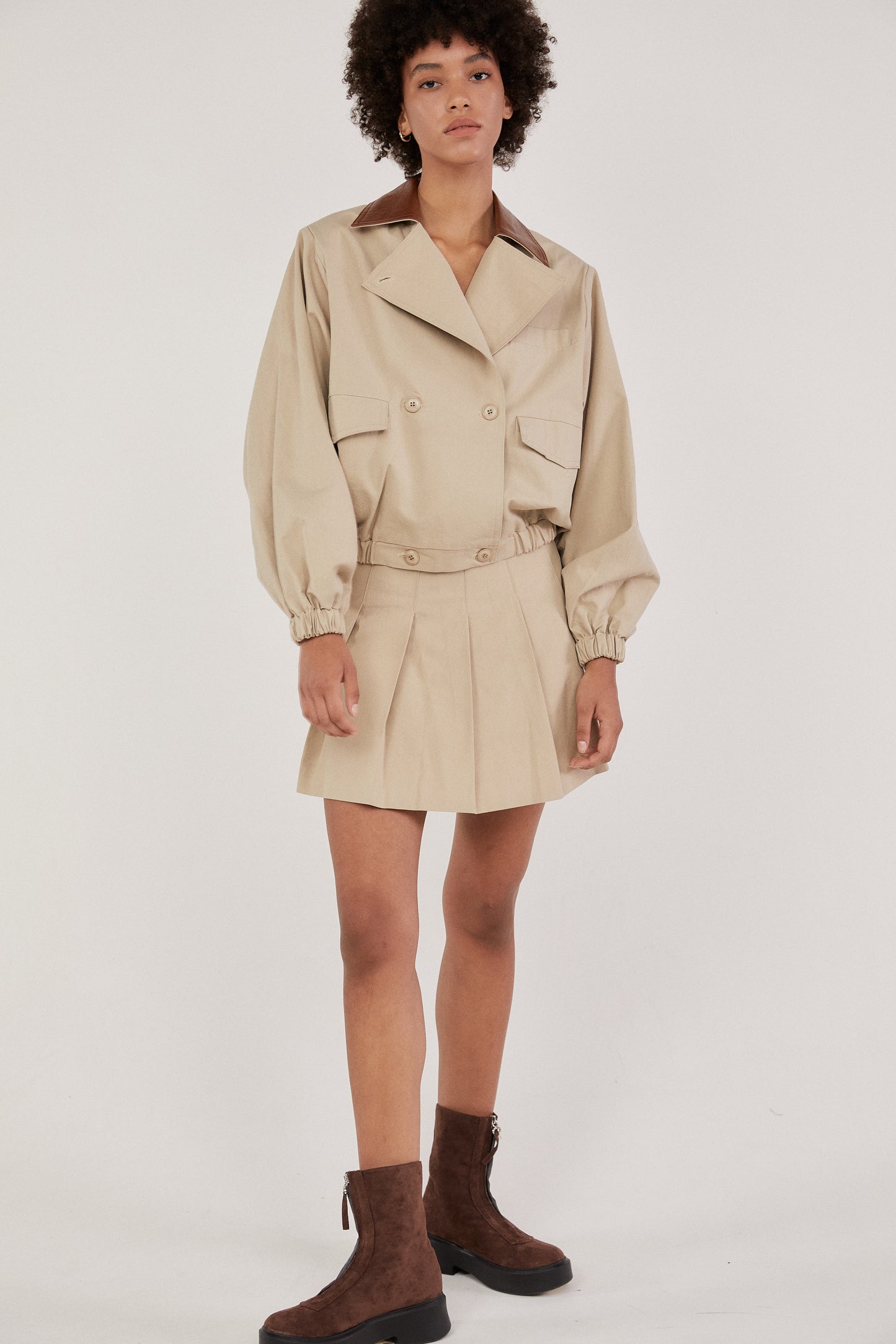 Leather Collar Cargo Bomber Jacket, Sand Beige