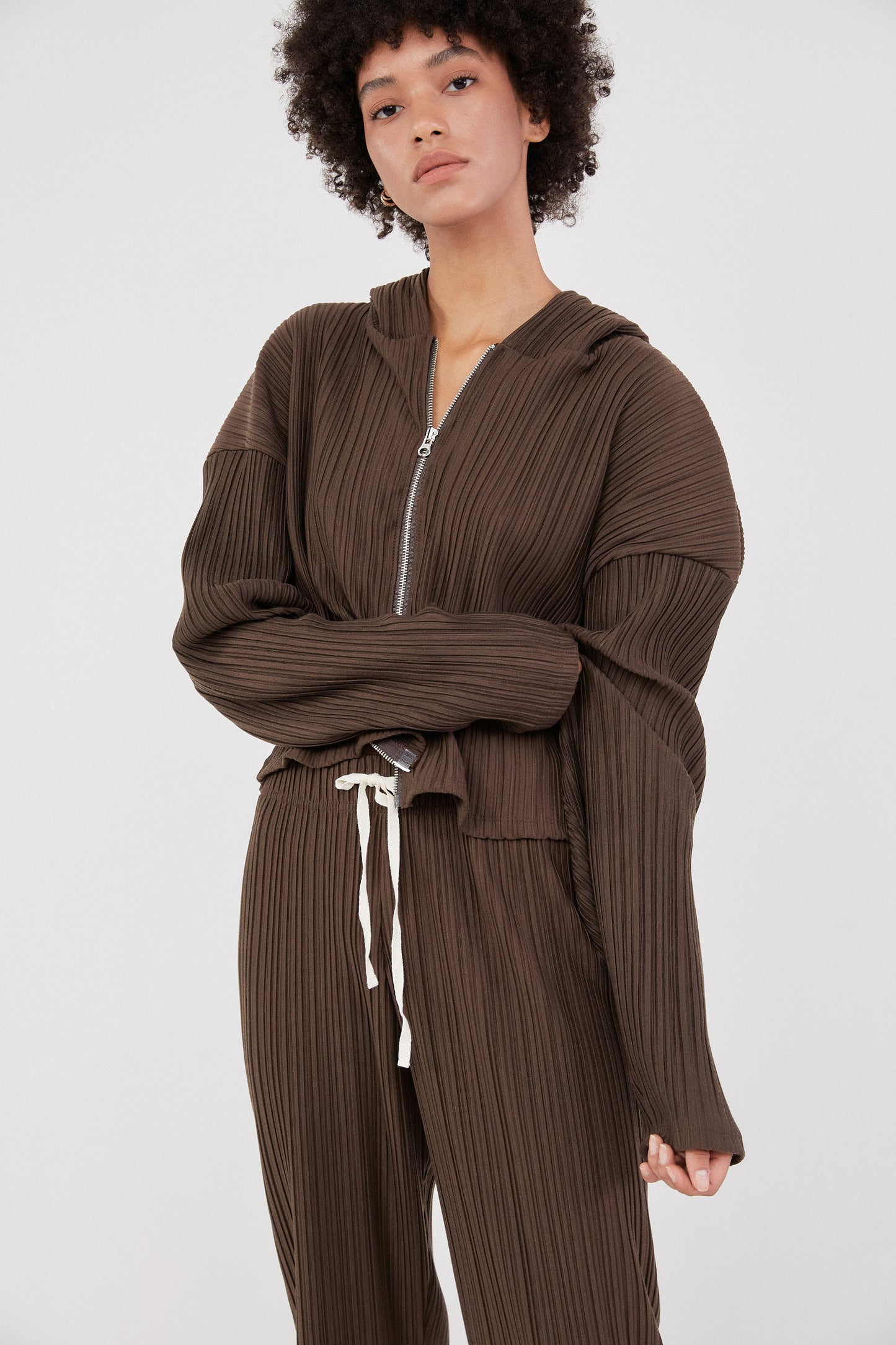 Hooded Pleat Zip Sweatshirt, Umber Brown