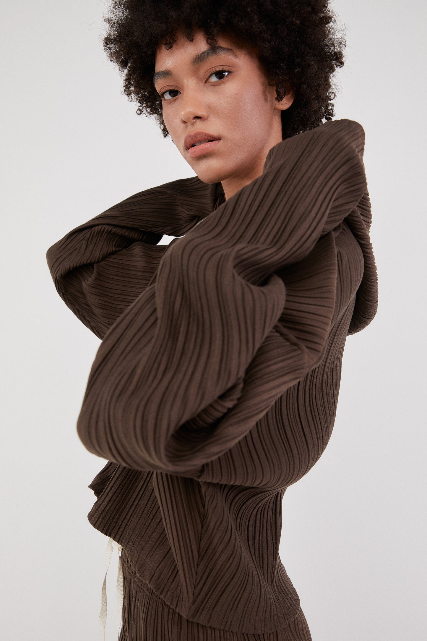 Hooded Pleat Zip Sweatshirt, Umber Brown