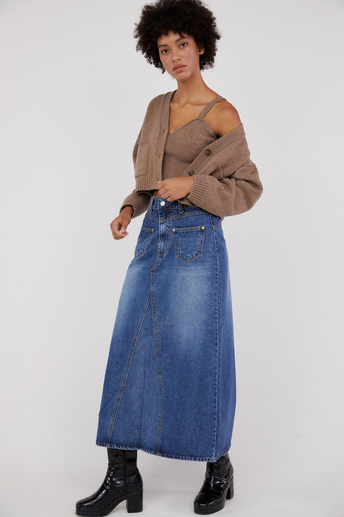Knit Cardigan And Crop Top Set, Cedar Brown