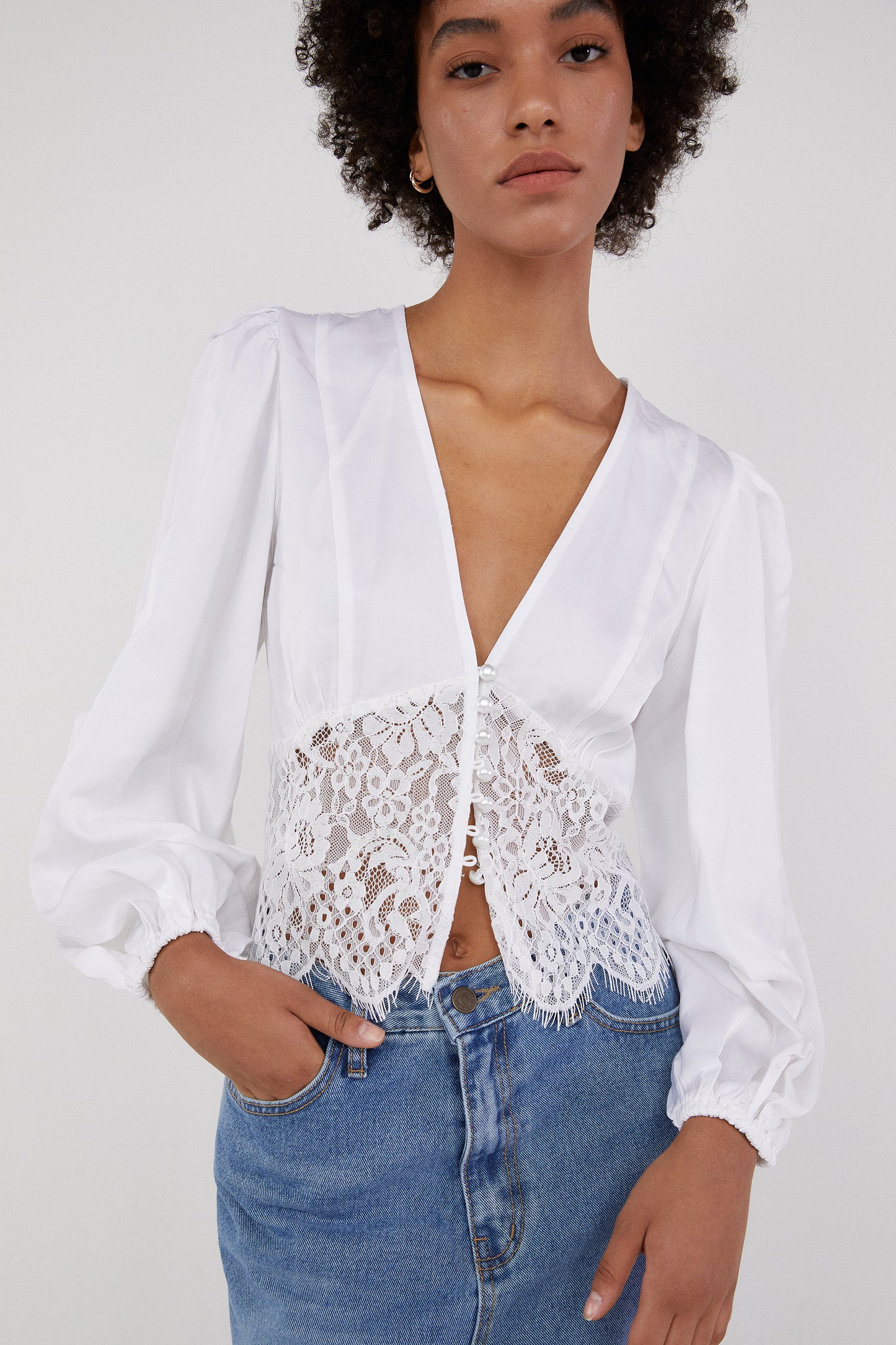 Lace Combination Blouse, Pure White