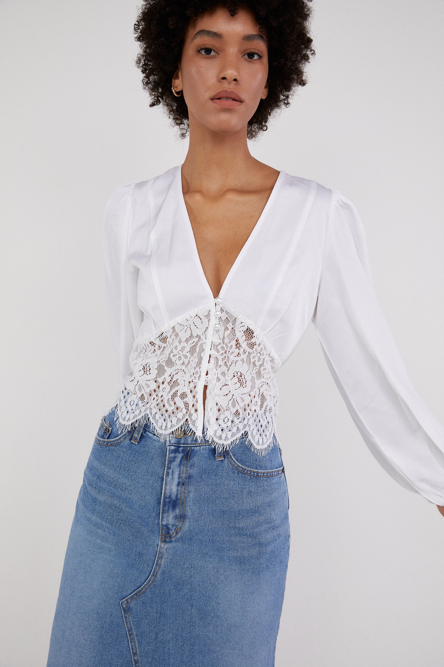 Lace Combination Blouse, Pure White