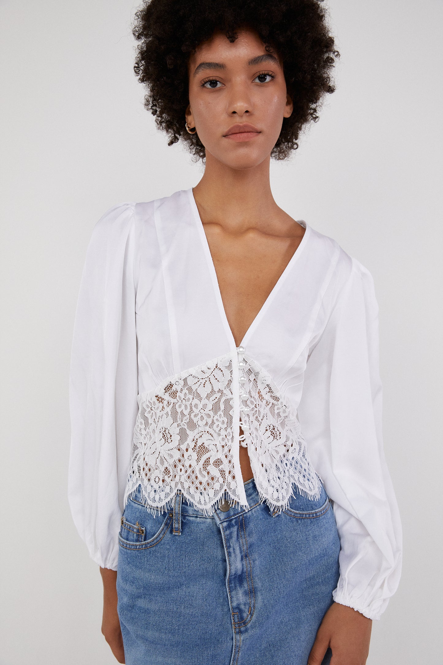 Lace Combination Blouse, Pure White