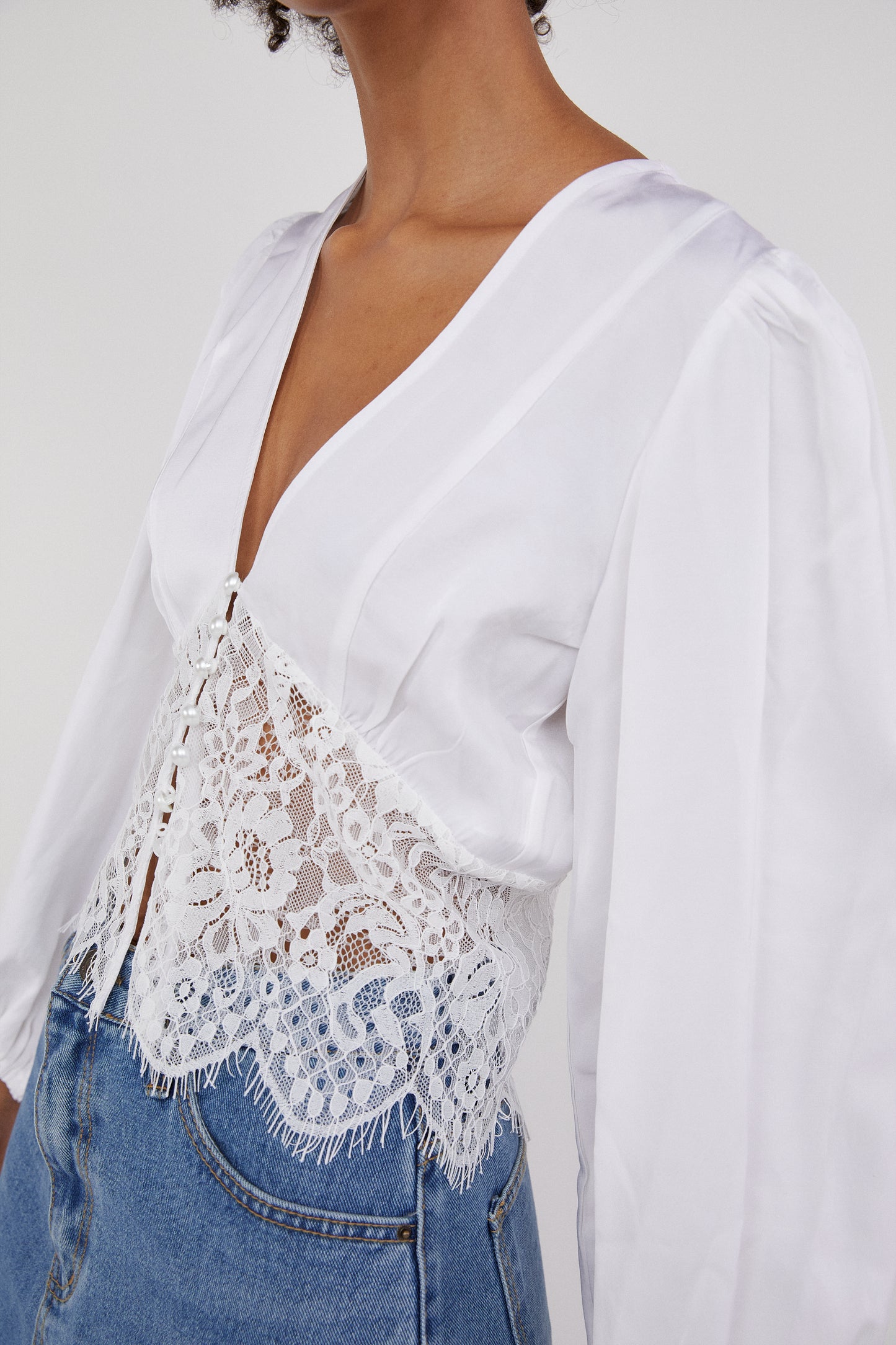 Lace Combination Blouse, Pure White