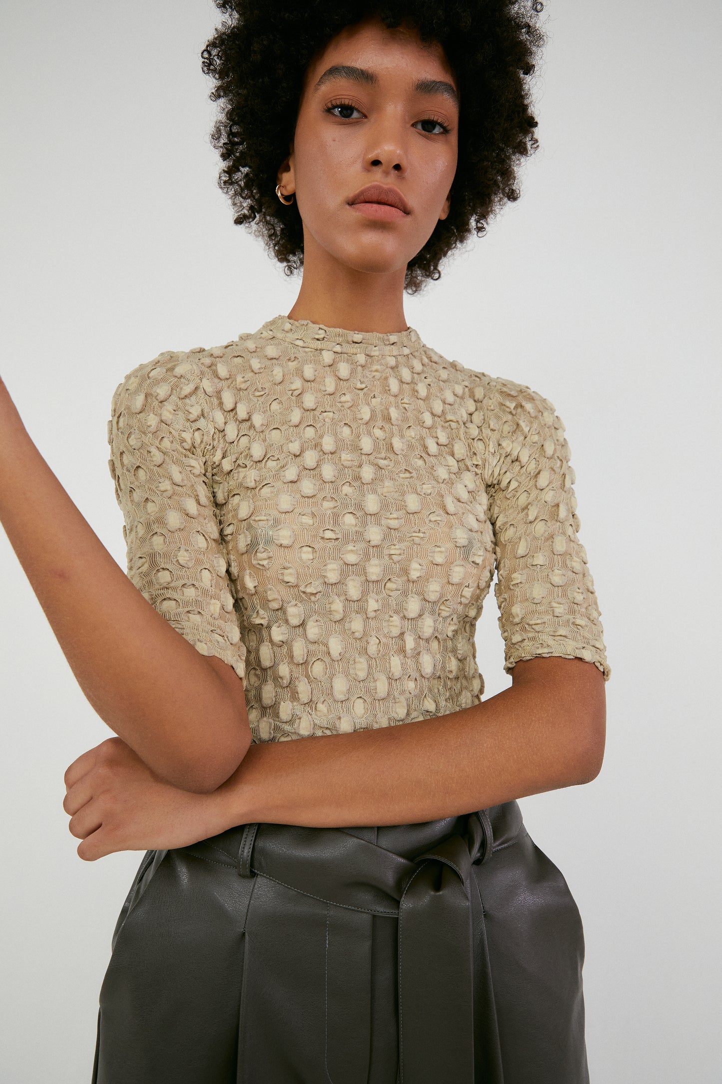Dotted Texture Top, Khaki Beige