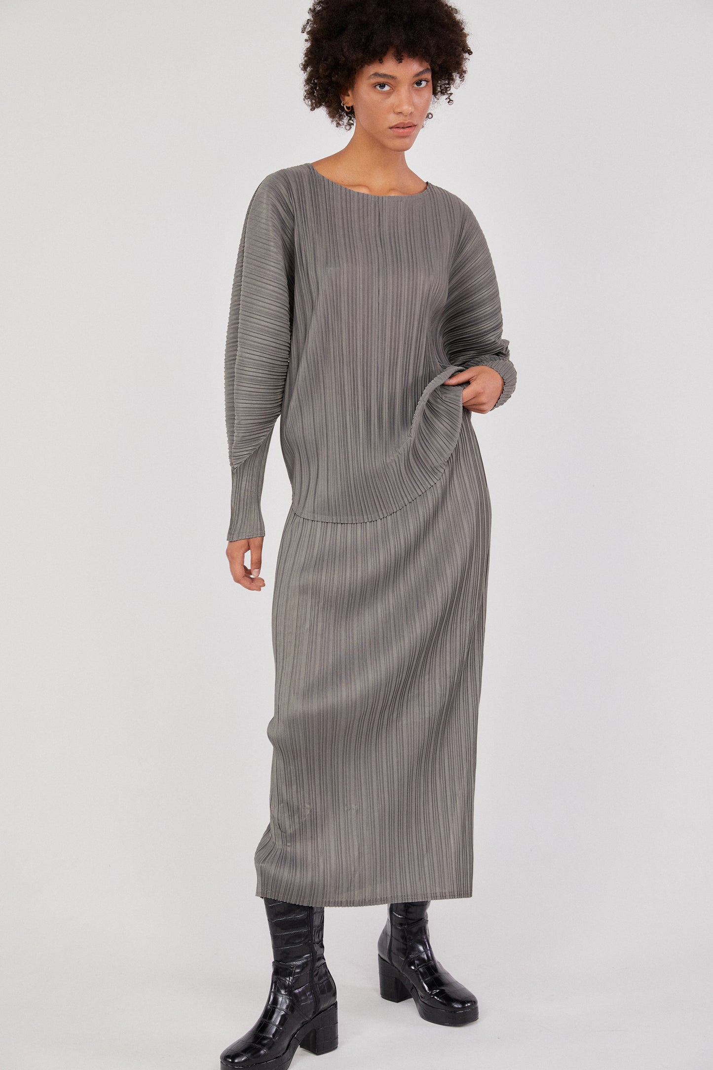 Pleated Cocoon Blouse, Steel Grey
