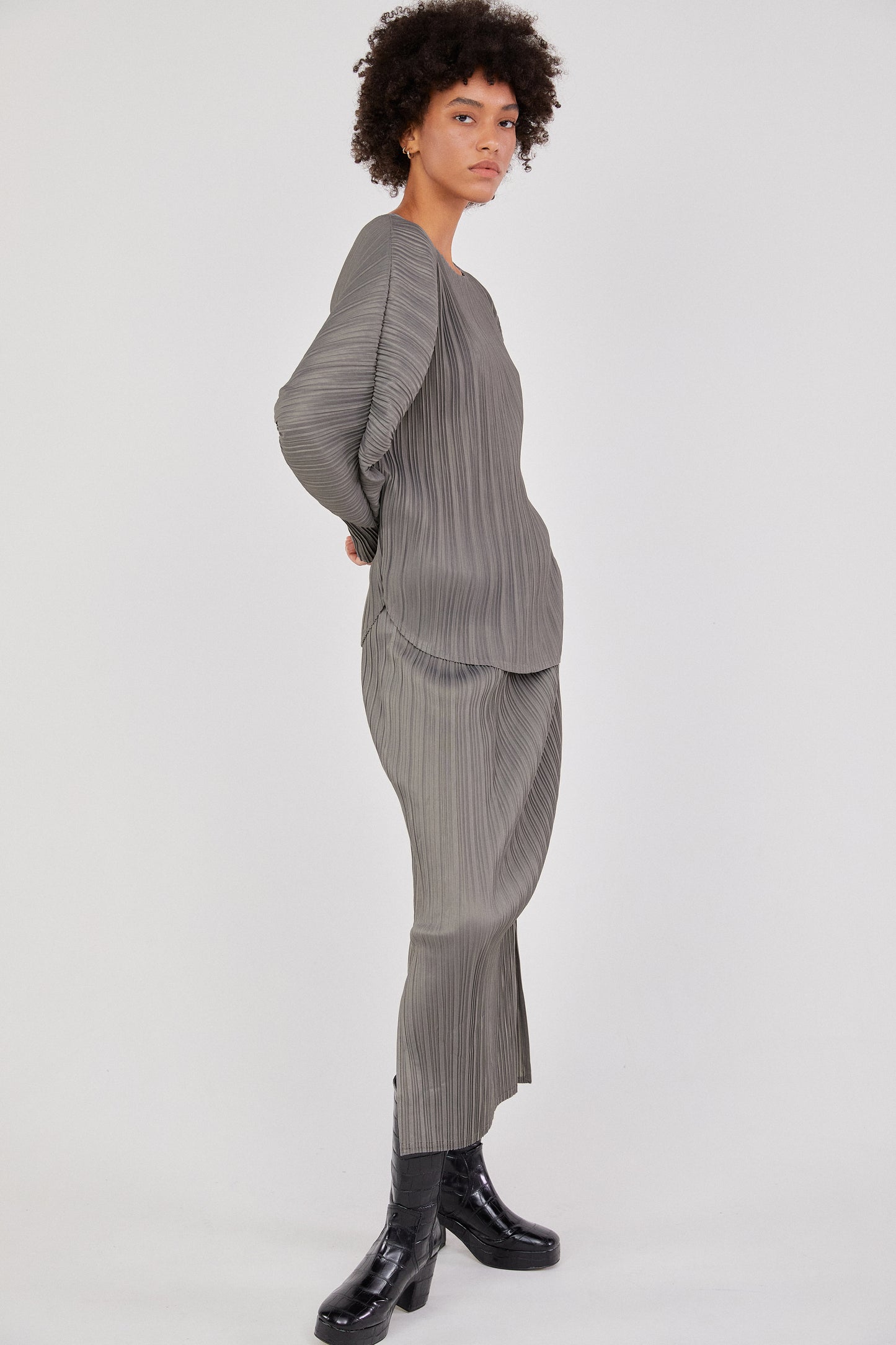 Pleated Cocoon Blouse, Steel Grey